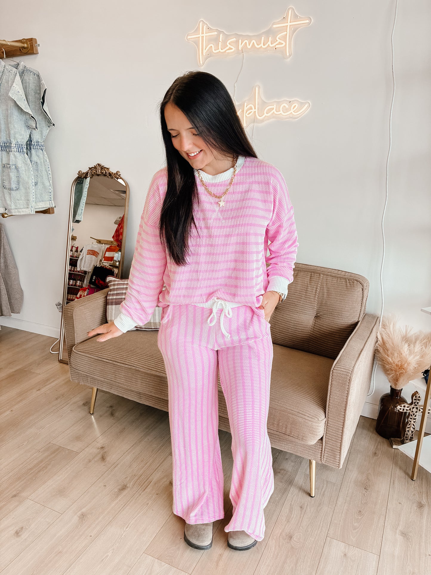 Striped Up Raised Rib Pants Set - Candy Pink
