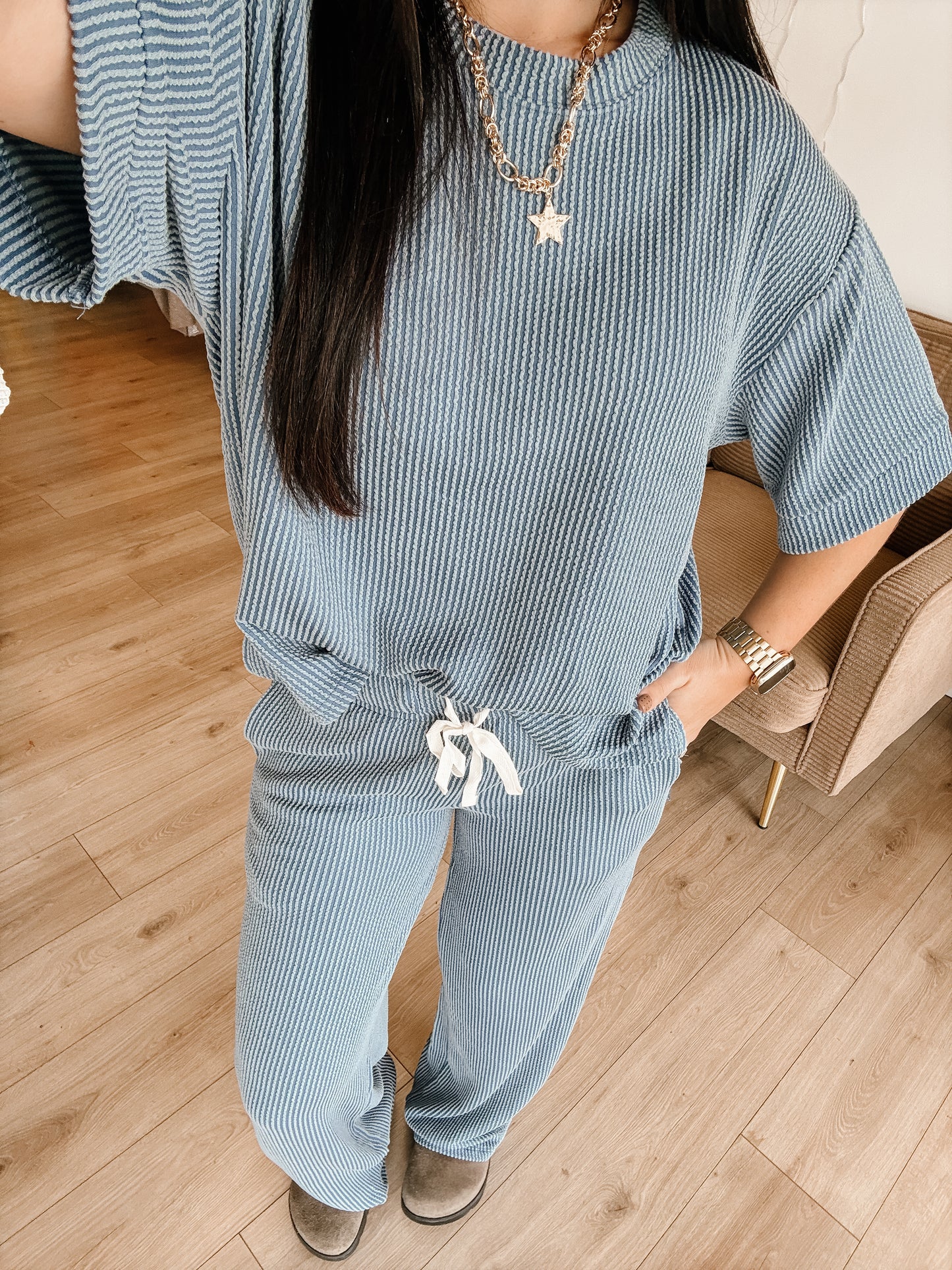 Raised Rib Short Sleeve Tee & Pants Set (7 colors)