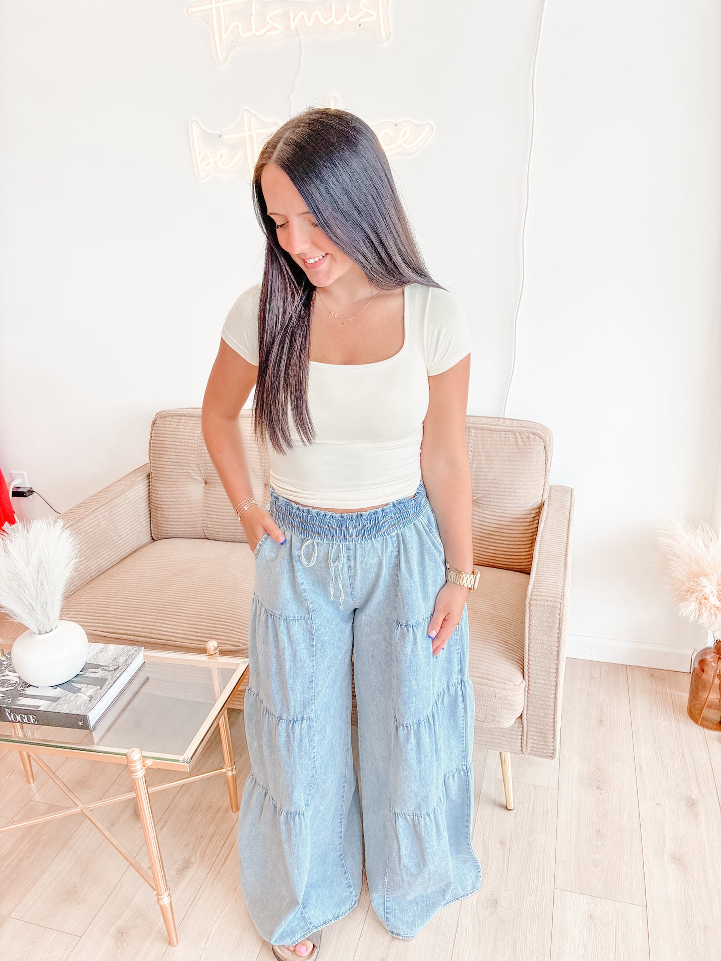 Lunch Date Tiered Chambray Pants