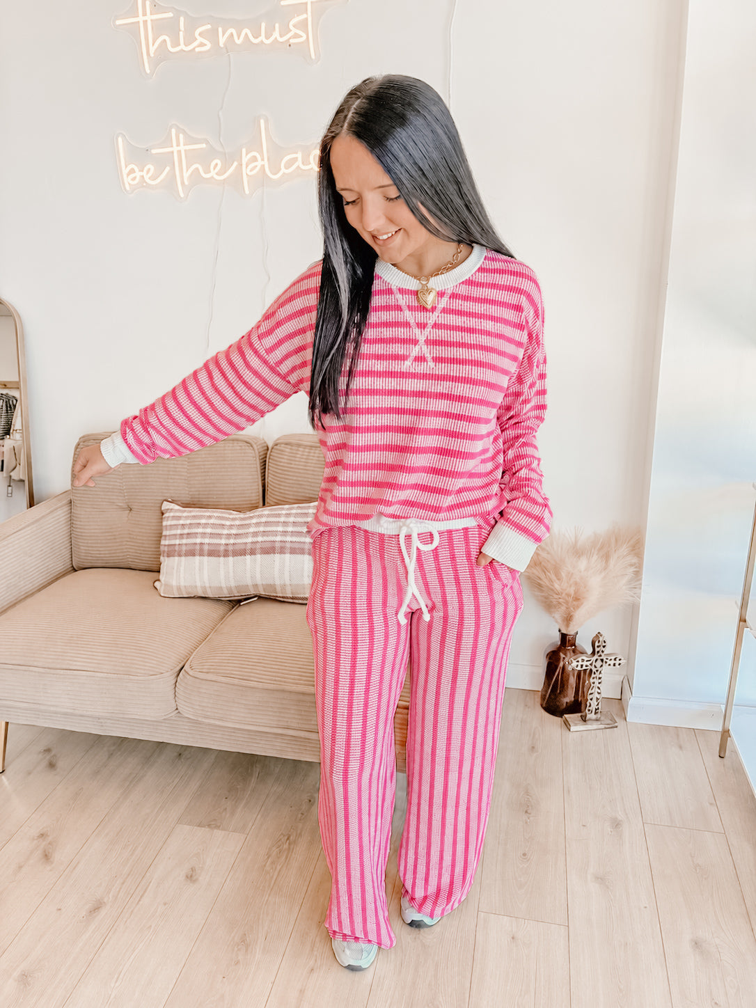 Striped Up Raised Rib Pants Set - Hot Pink
