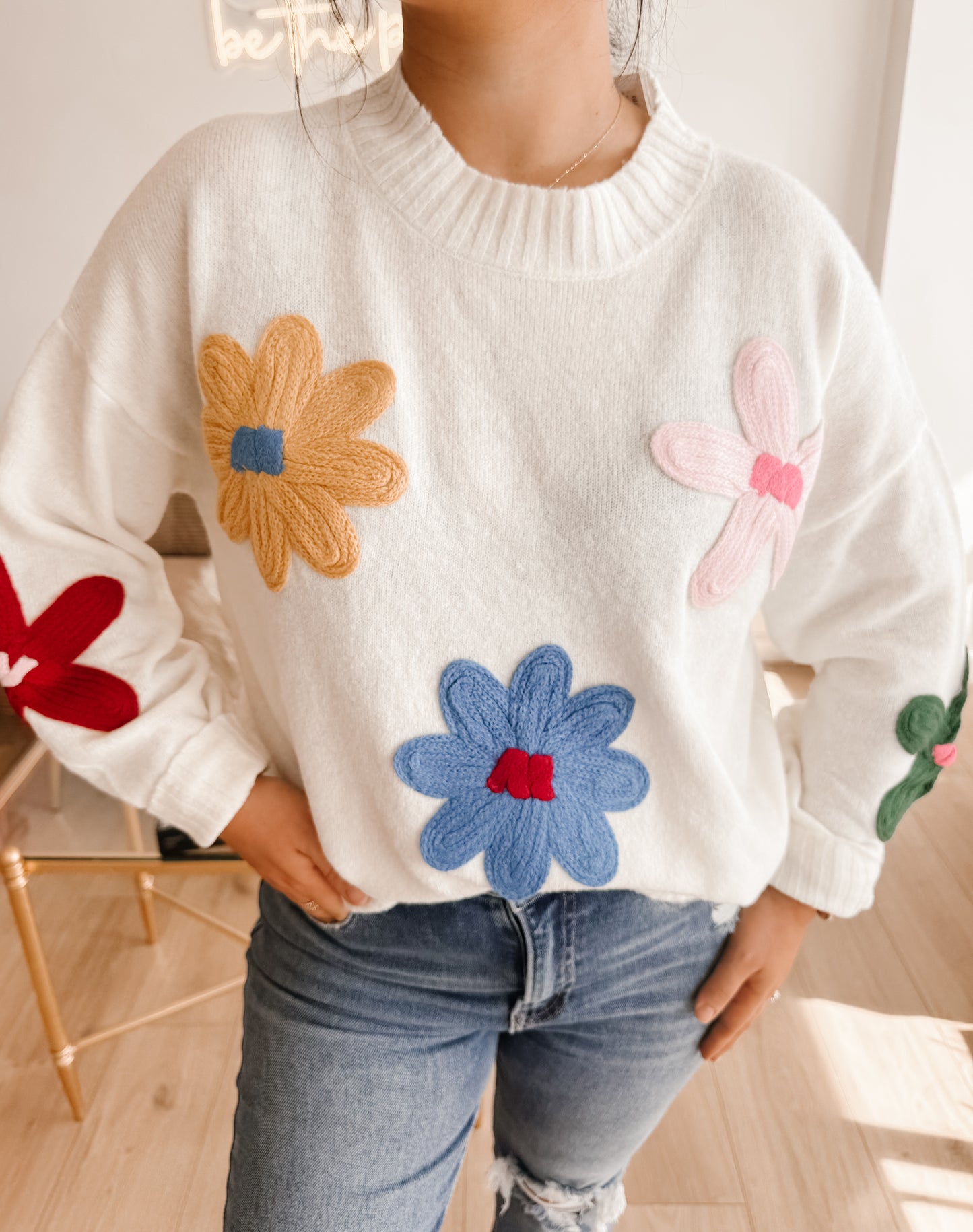 Multi-color Crochet Floral Detail Knit Pullover