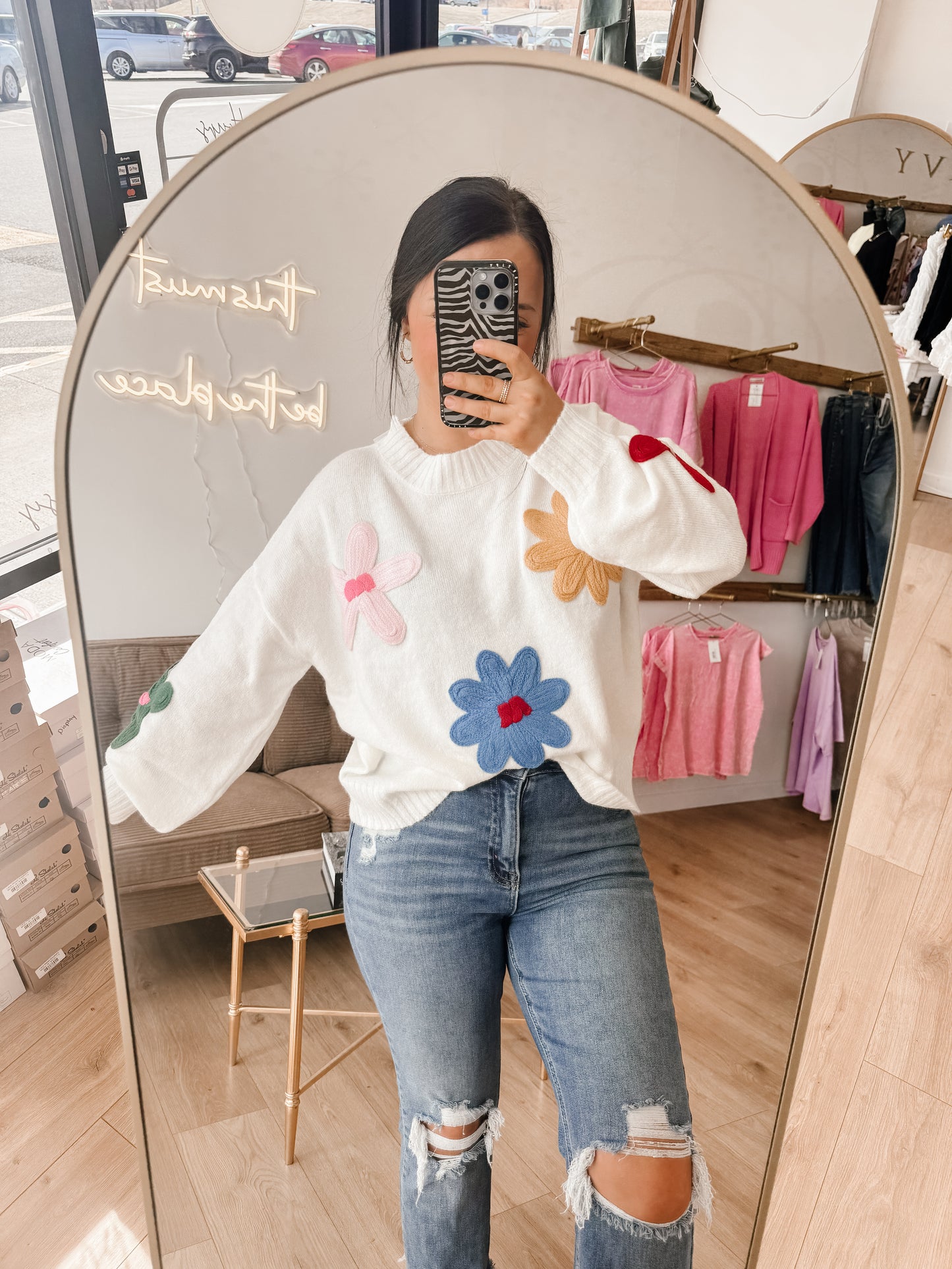 Multi-color Crochet Floral Detail Knit Pullover