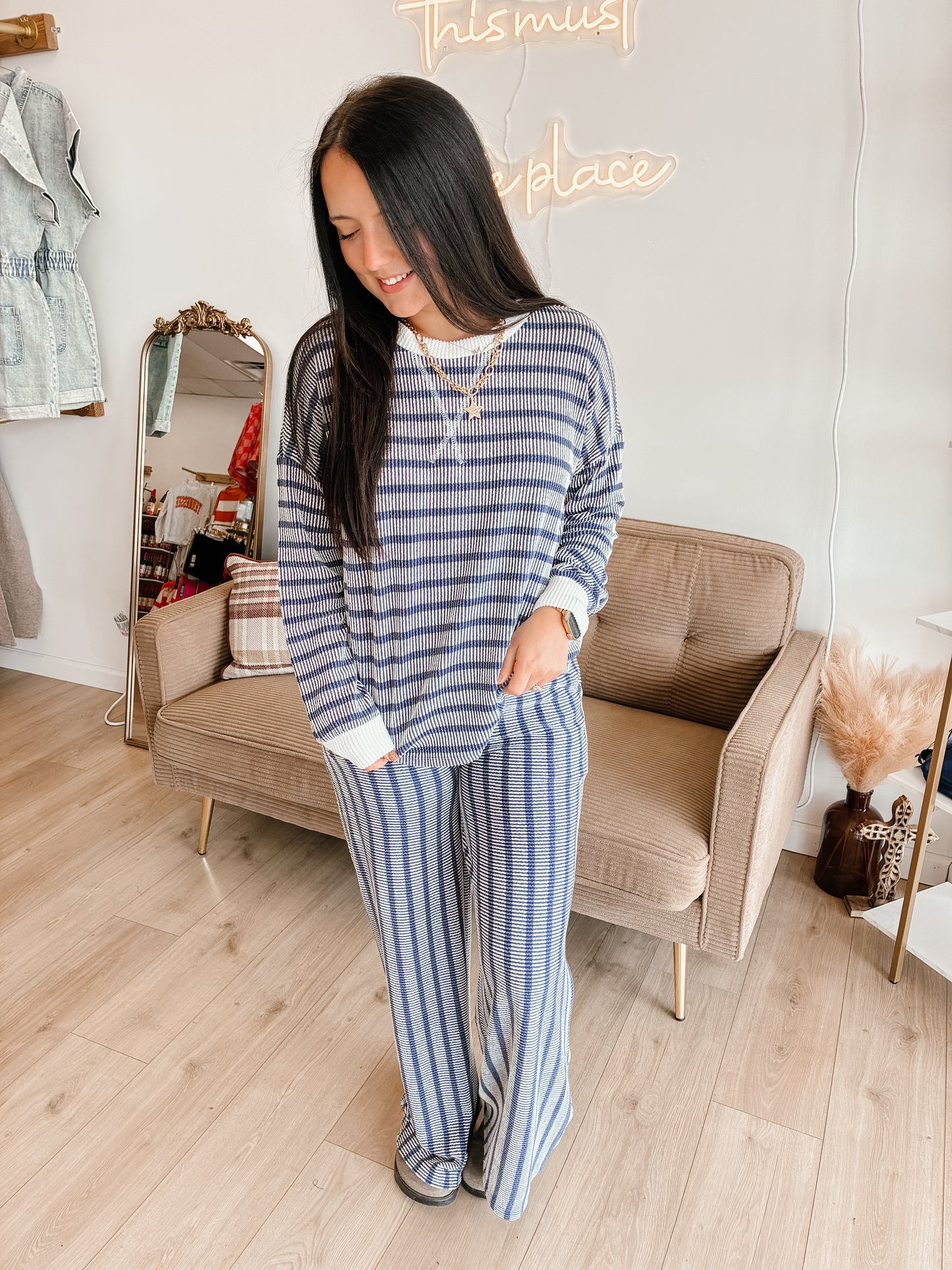 Striped Up Raised Rib Pants Set - Navy