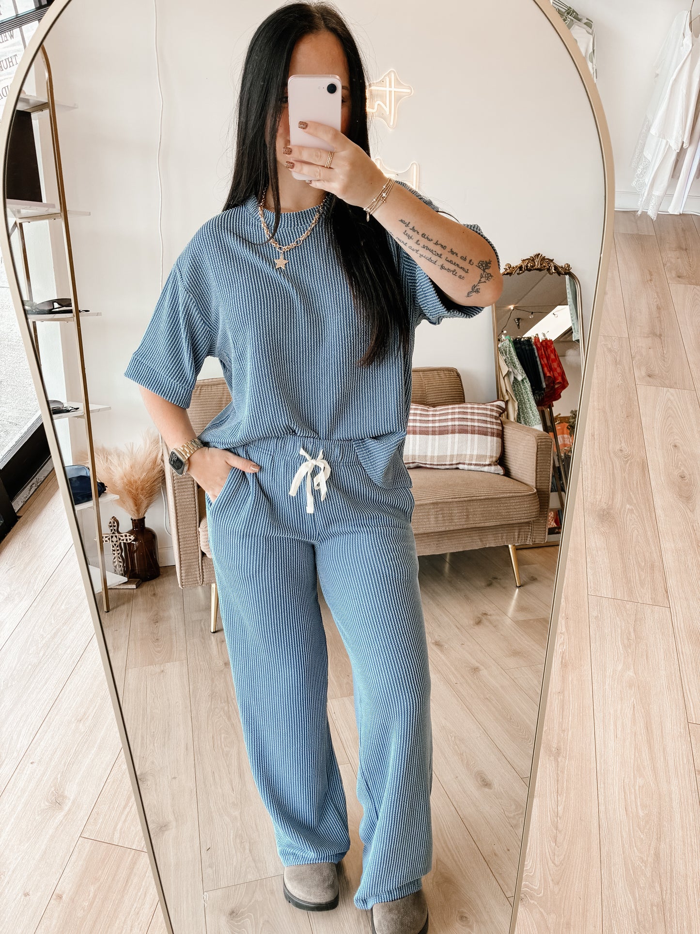 Raised Rib Short Sleeve Tee & Pants Set (7 colors)