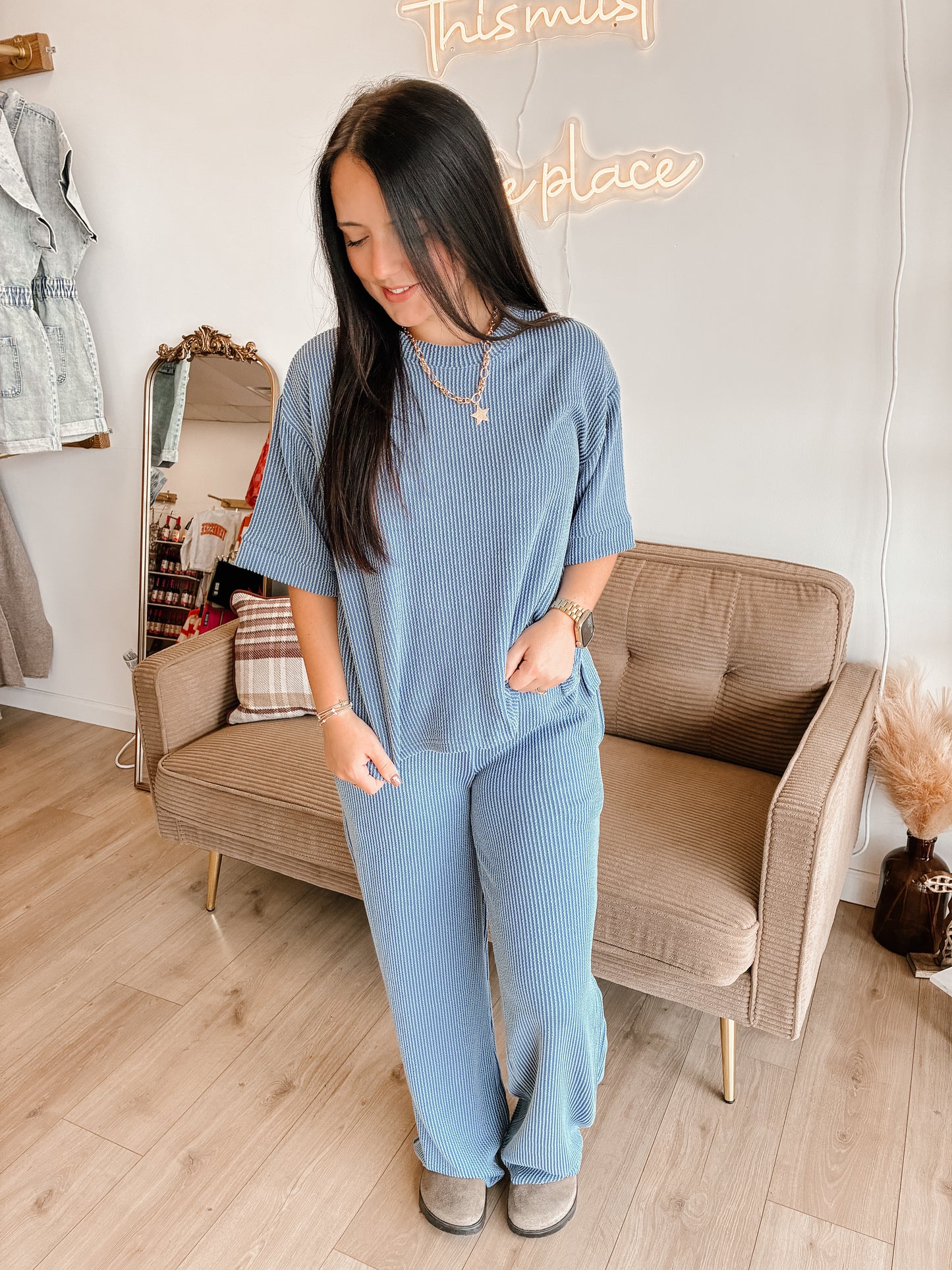 Raised Rib Short Sleeve Tee & Pants Set (7 colors)