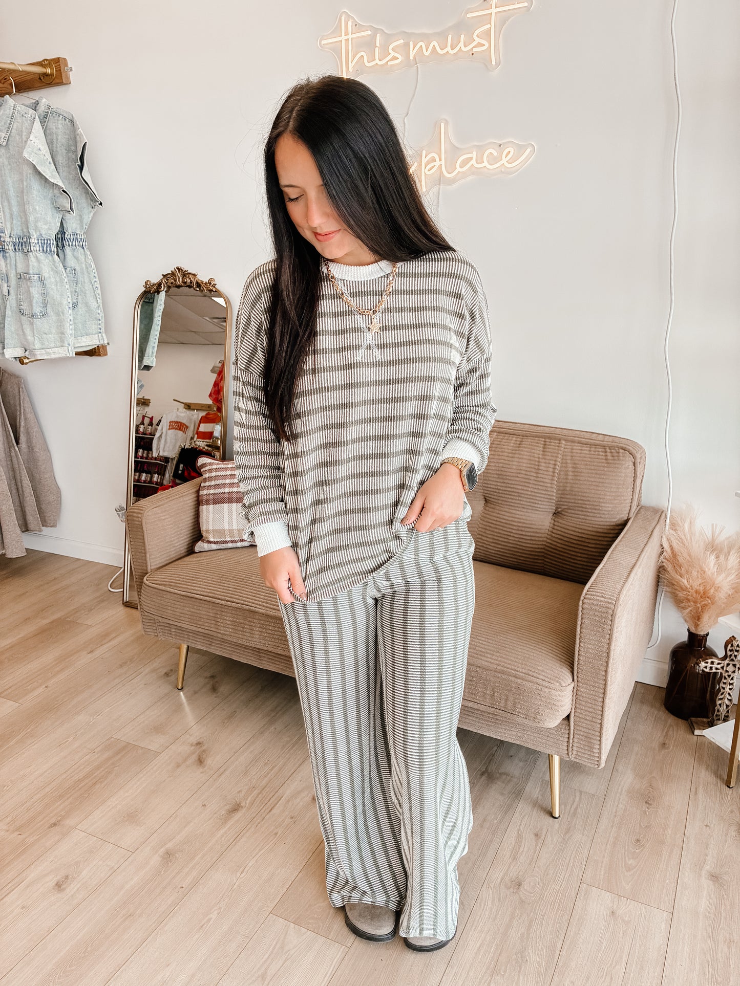 Striped Up Raised Rib Pants Set - Light Olive