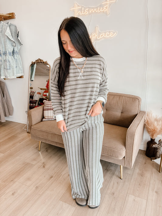 Striped Up Raised Rib Pants Set - Light Olive