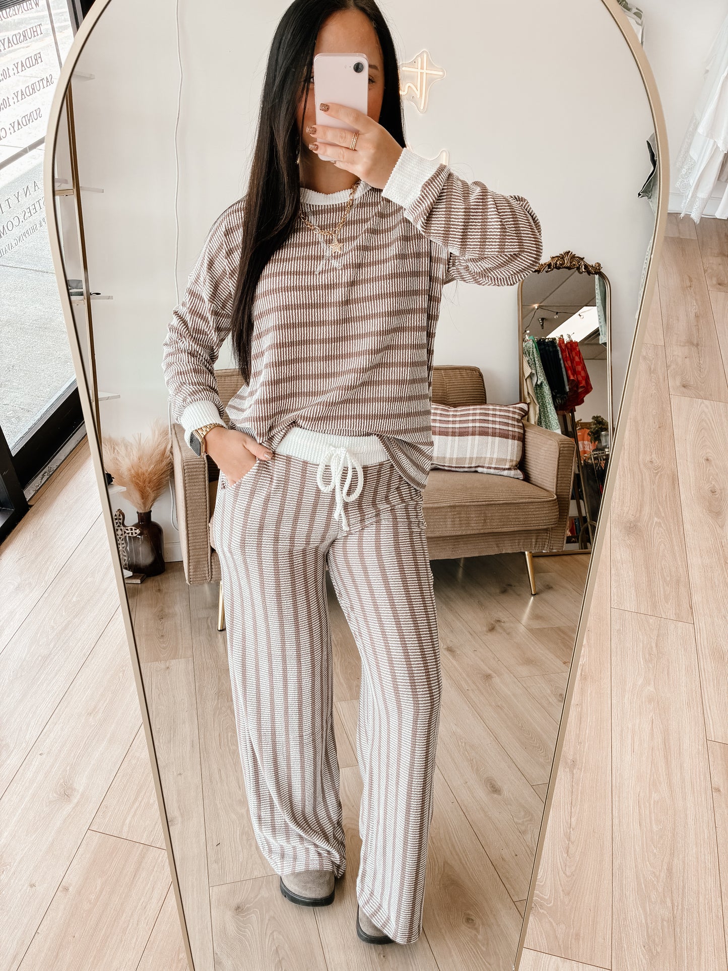 Striped Up Raised Rib Pants Set - Mocha