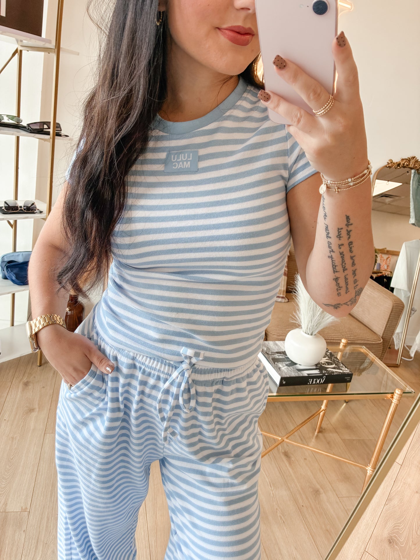 Striped LULUMAC Babydoll Top - Light Blue