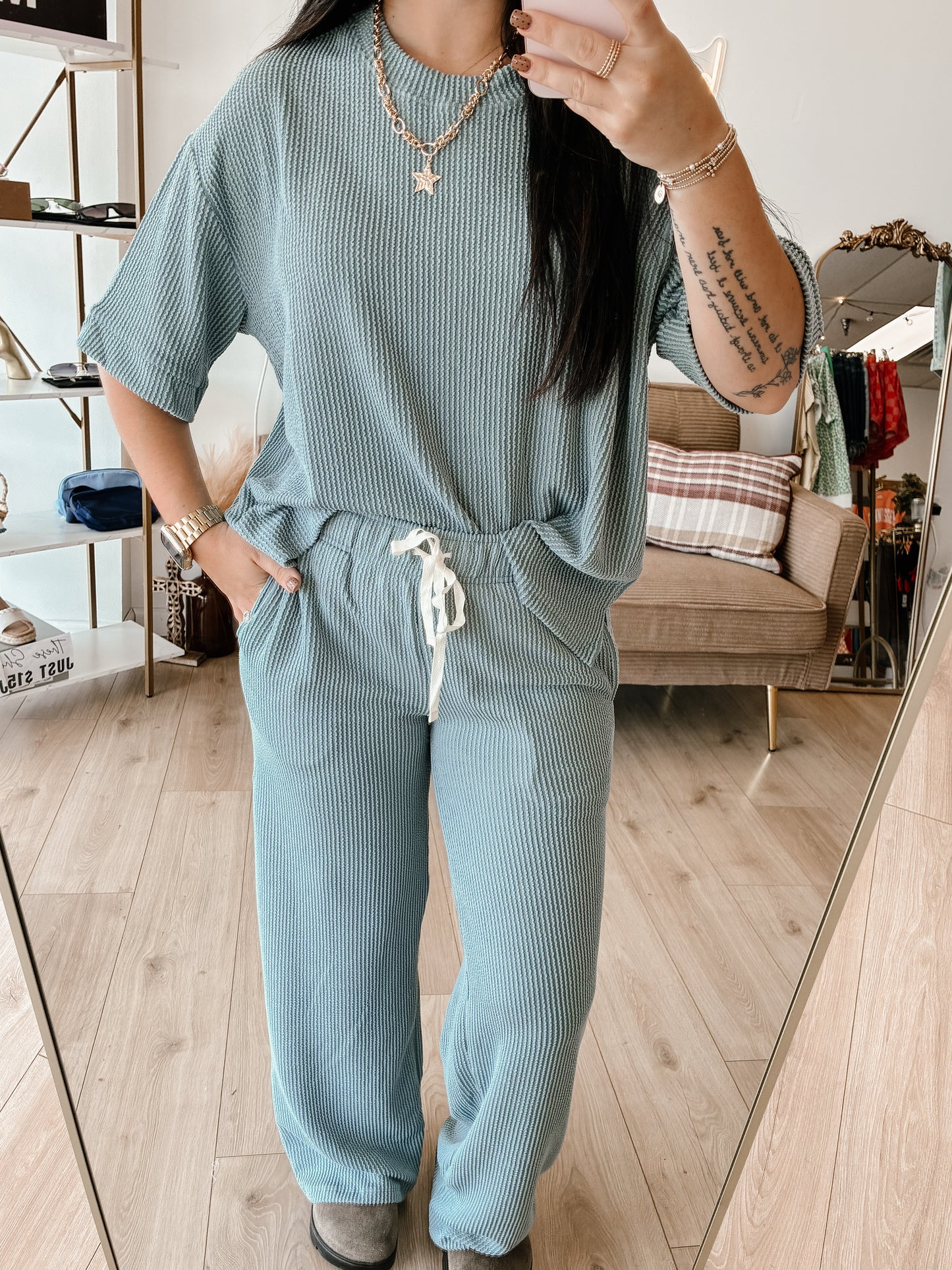Raised Rib Short Sleeve Tee & Pants Set (7 colors)