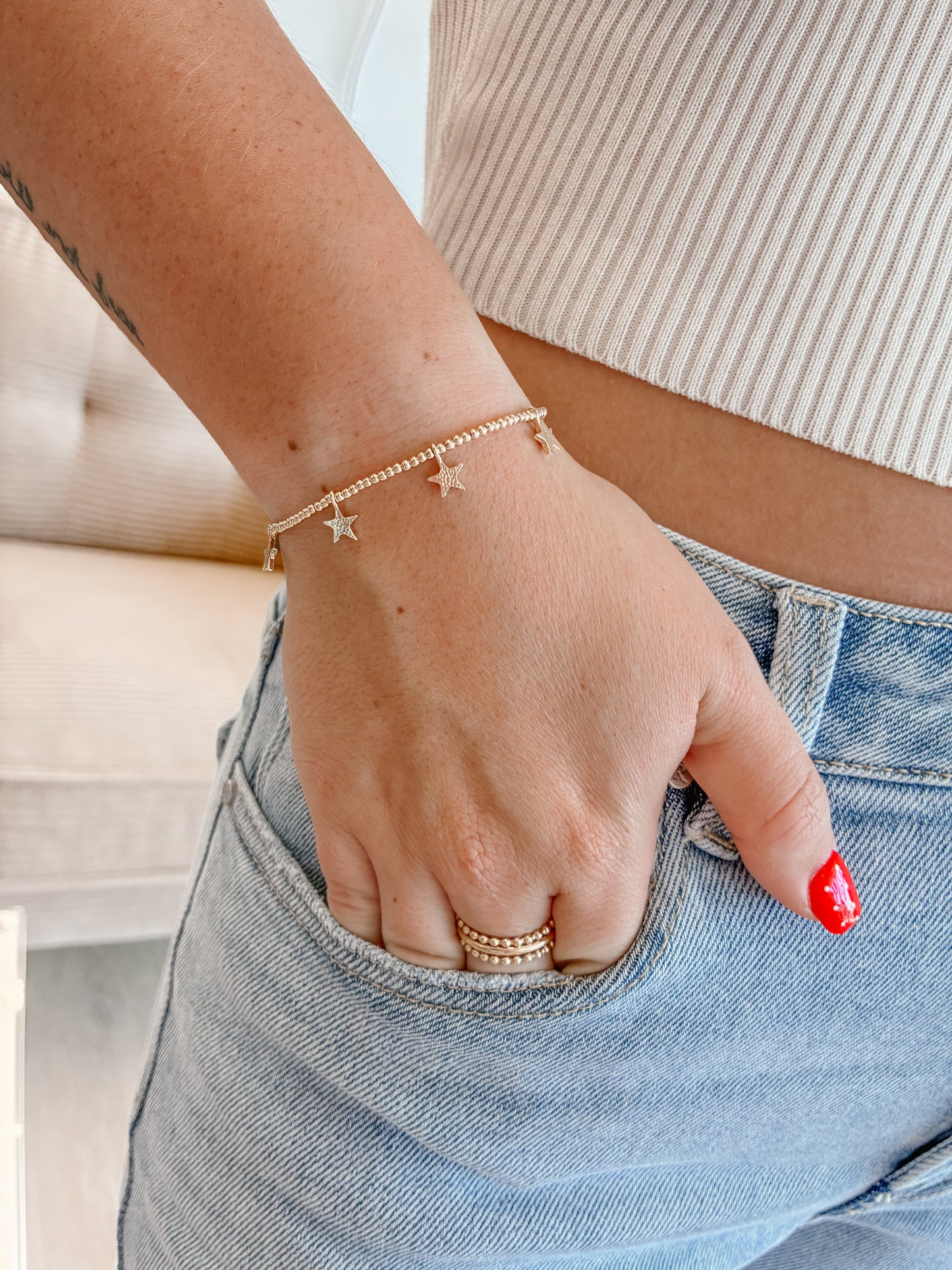 Gold Star Charm Pull Tie Bracelet