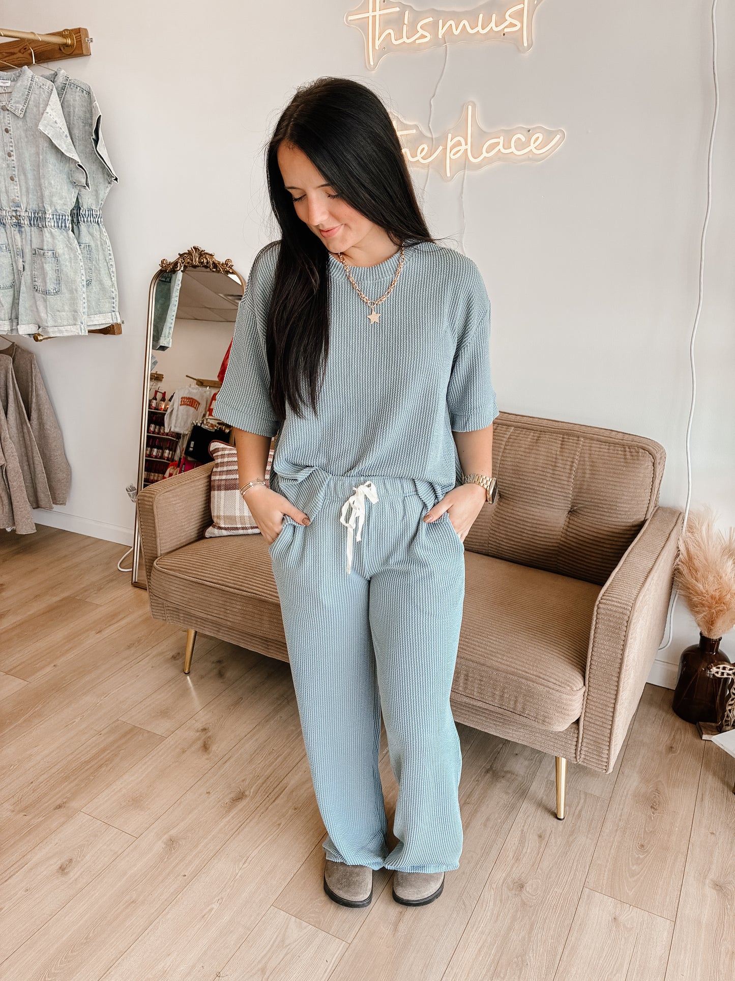 Raised Rib Short Sleeve Tee & Pants Set (7 colors)