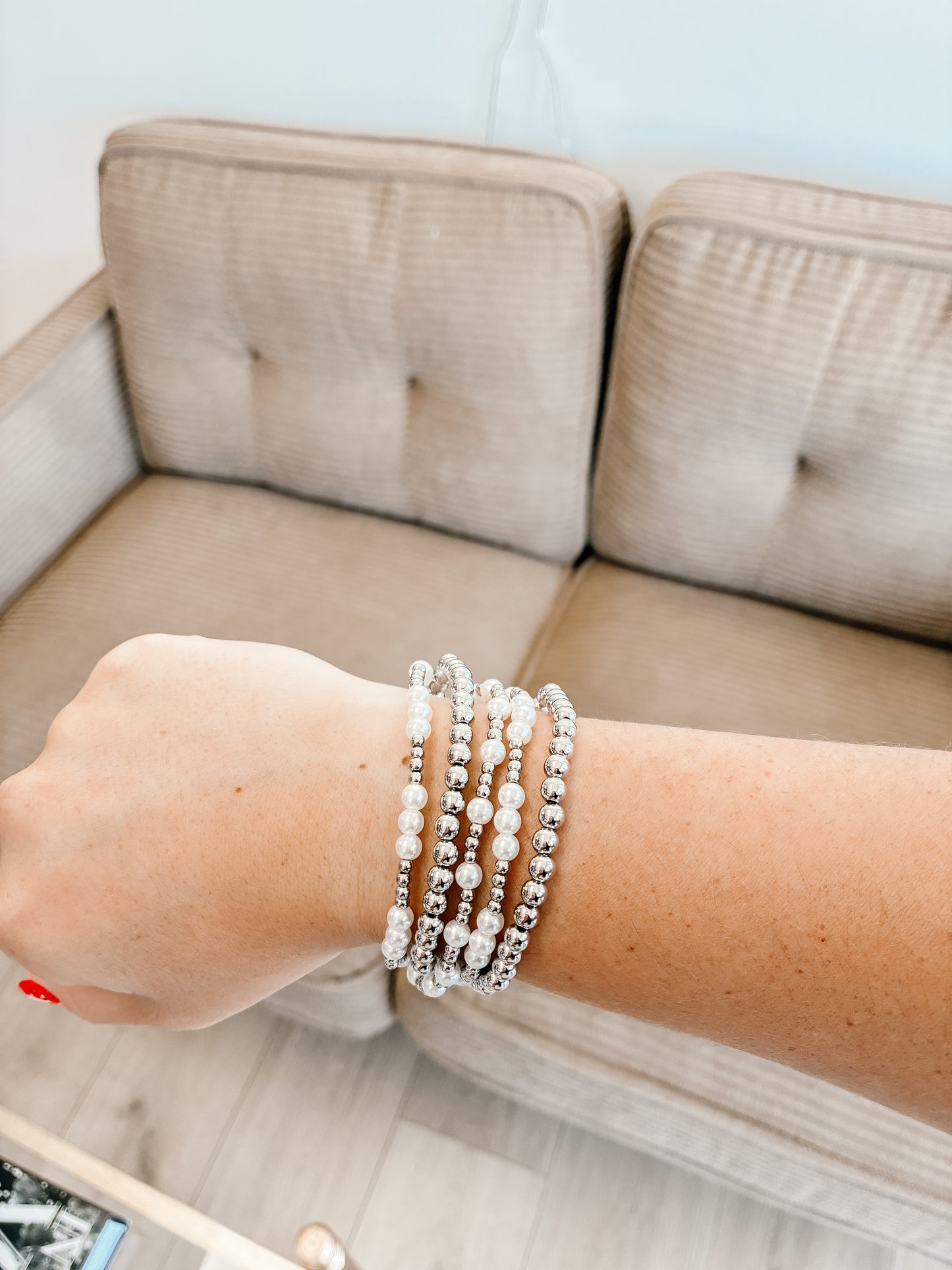 Silver Pearl Beaded Bracelet Set