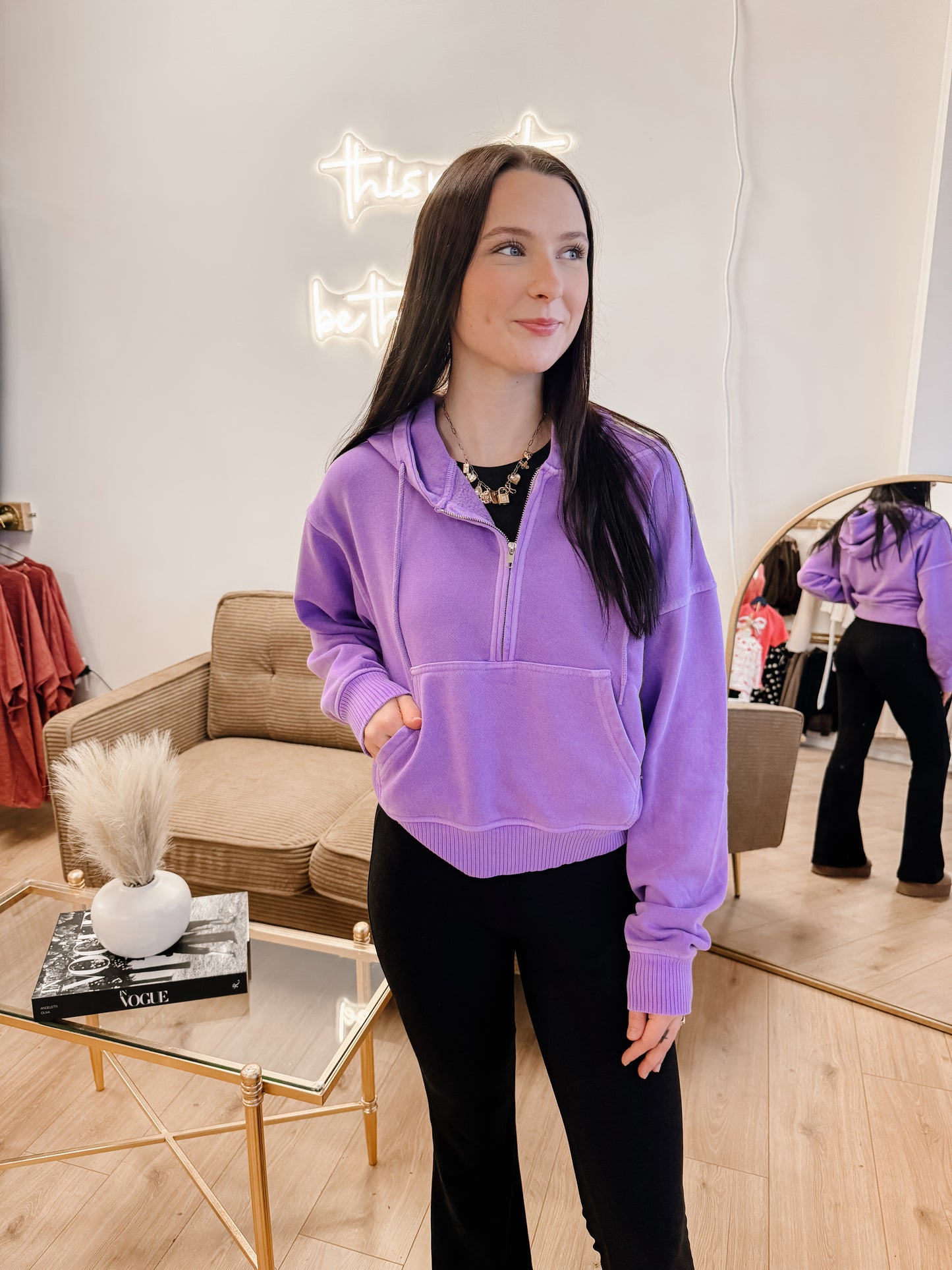 Fleece Pigment Dye Half Zip Kangaroo Pocket Hoodie