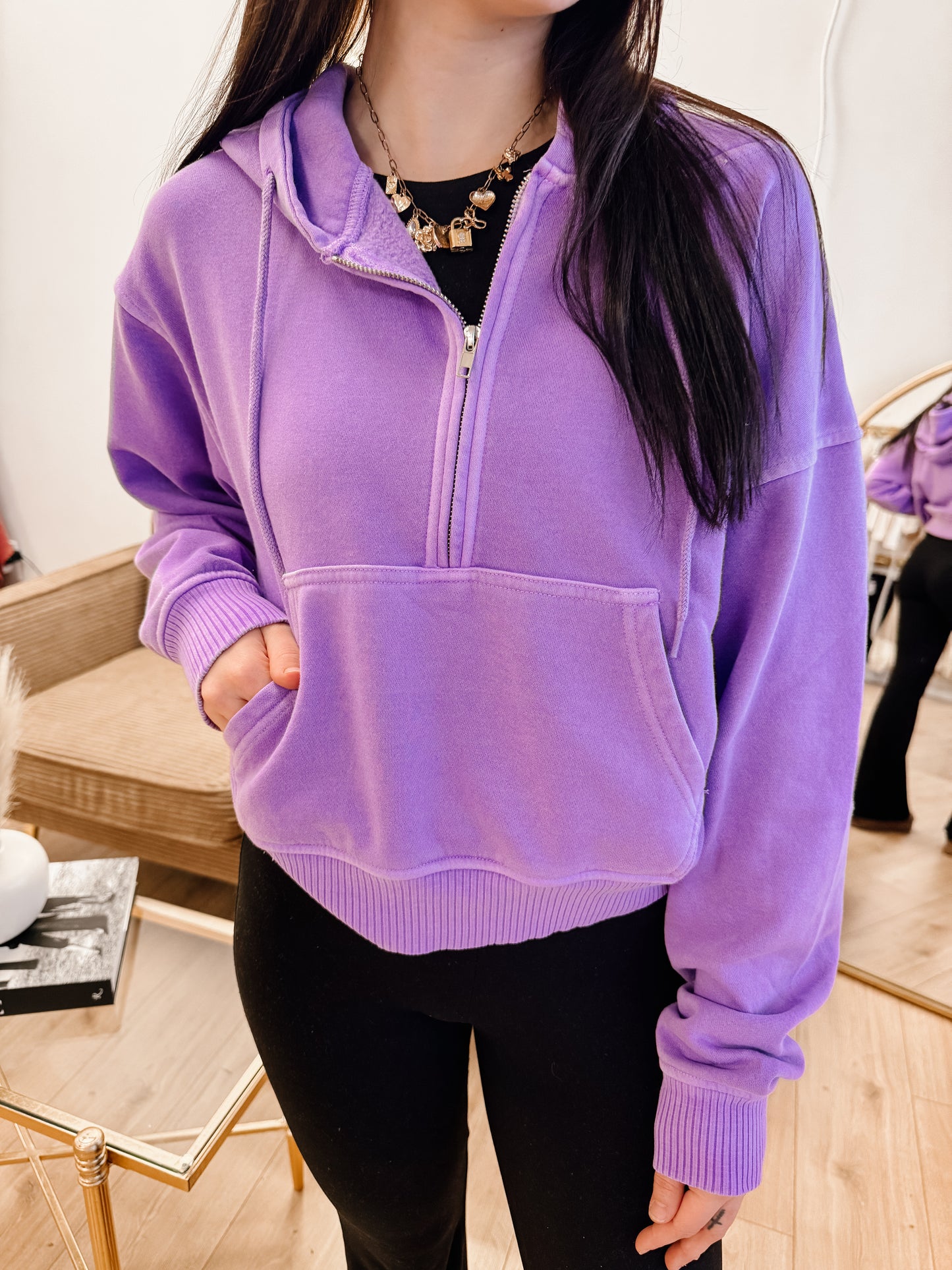 Fleece Pigment Dye Half Zip Kangaroo Pocket Hoodie