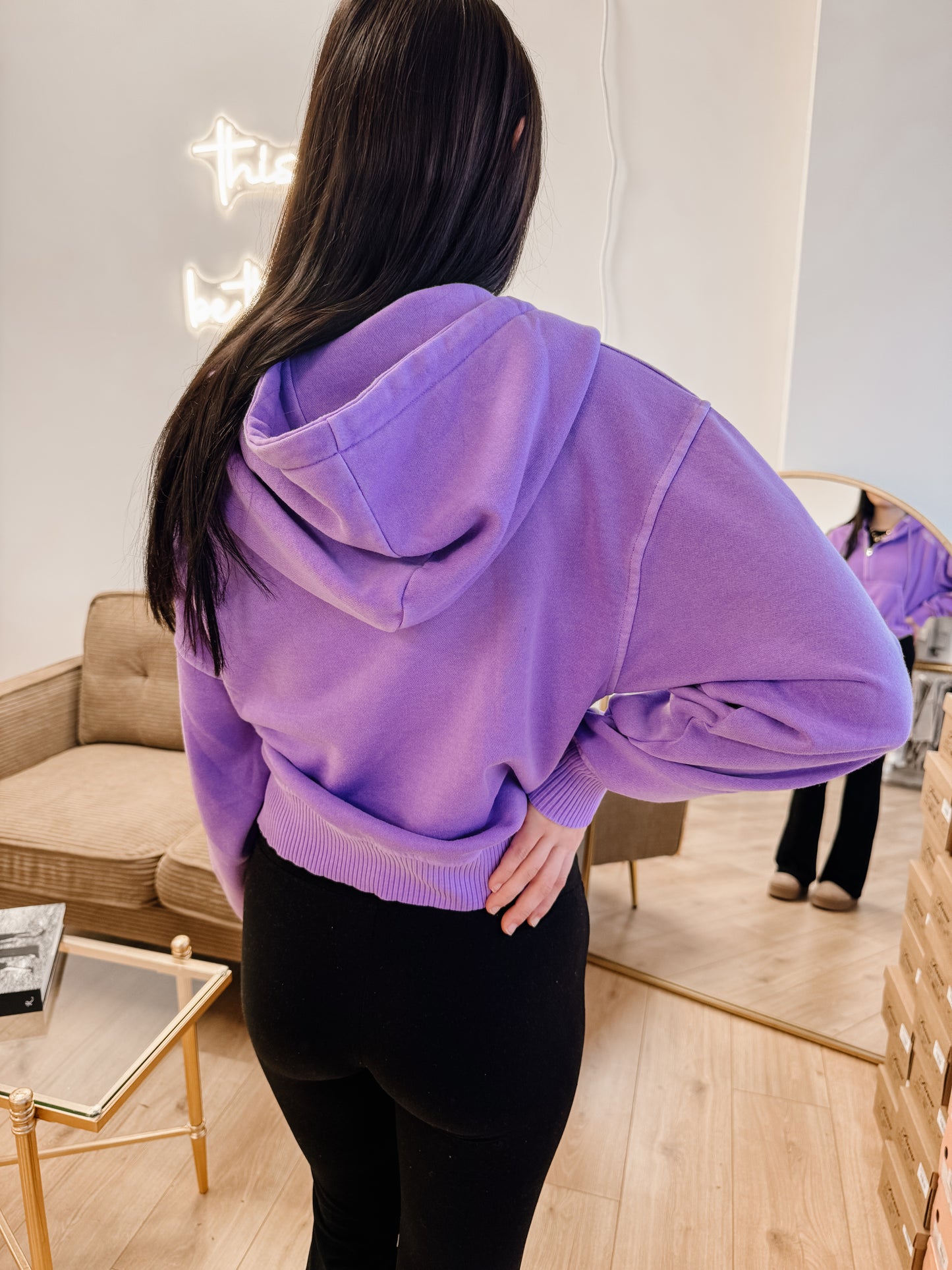 Fleece Pigment Dye Half Zip Kangaroo Pocket Hoodie