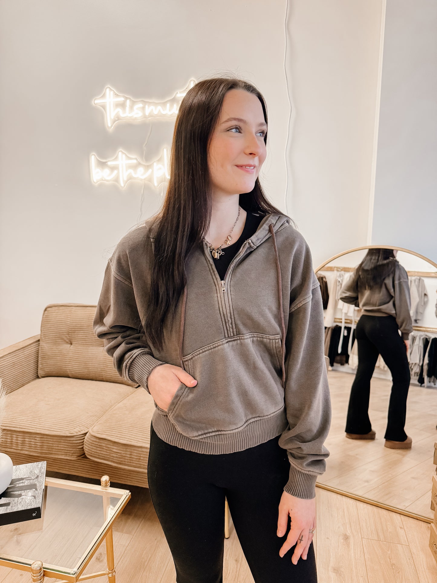 Fleece Pigment Dye Half Zip Kangaroo Pocket Hoodie