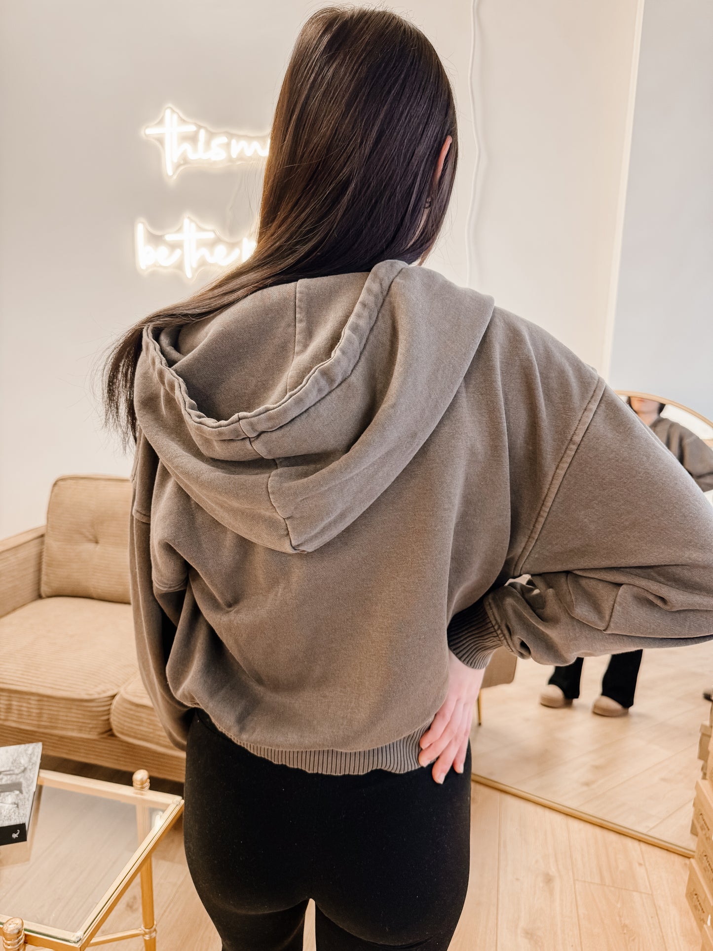 Fleece Pigment Dye Half Zip Kangaroo Pocket Hoodie