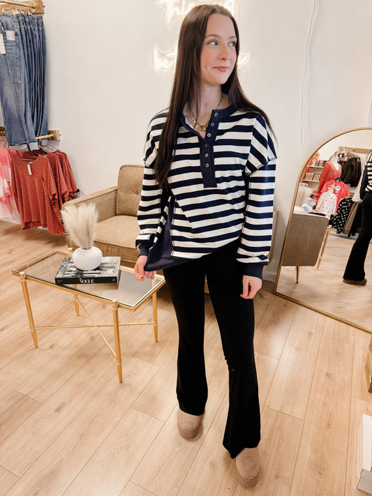Oversized Striped Half Button Down Casual Knit Top