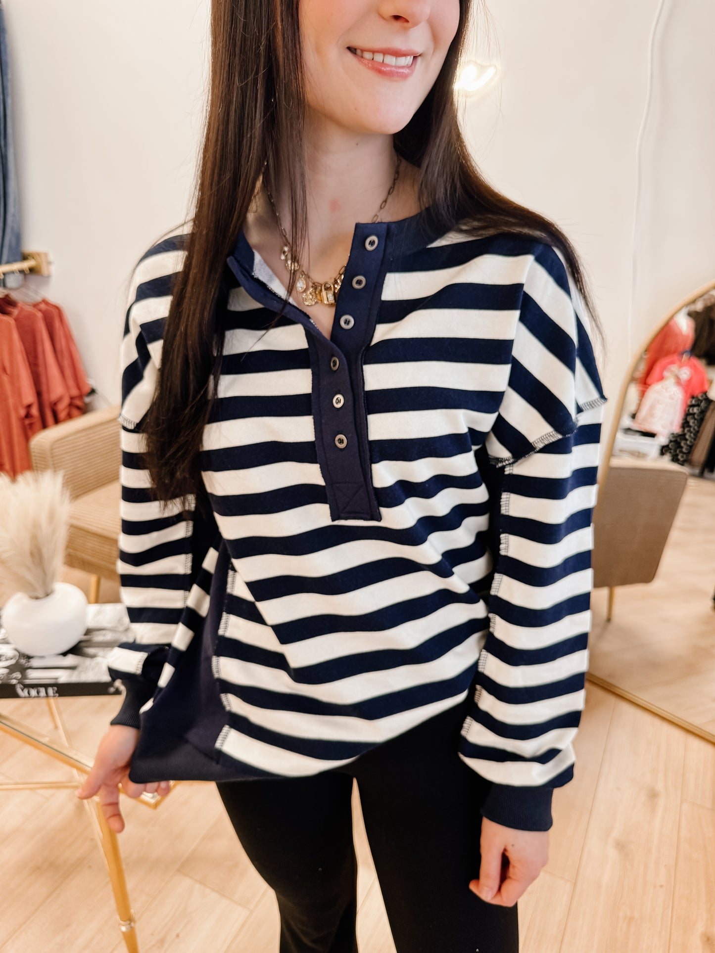 Oversized Striped Half Button Down Casual Knit Top