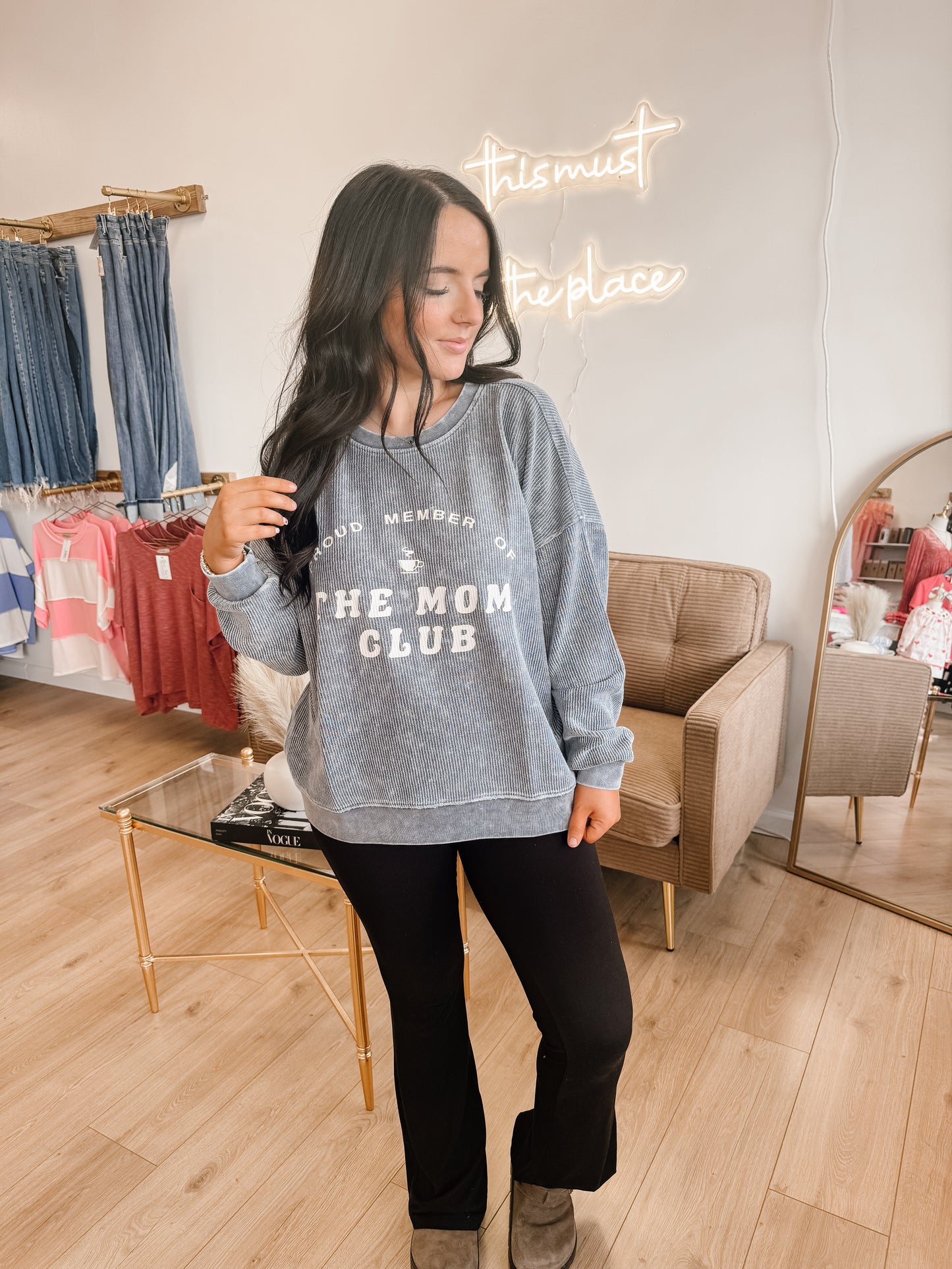 Mom Club Graphic Washed Long Sleeve Rib Knit Top