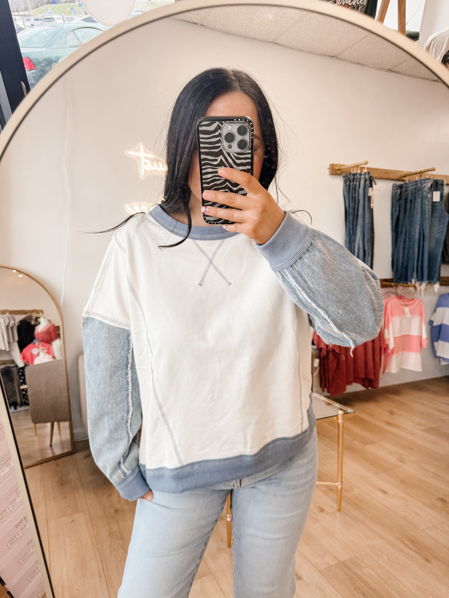Mix Media Denim Sleeve Knit Top