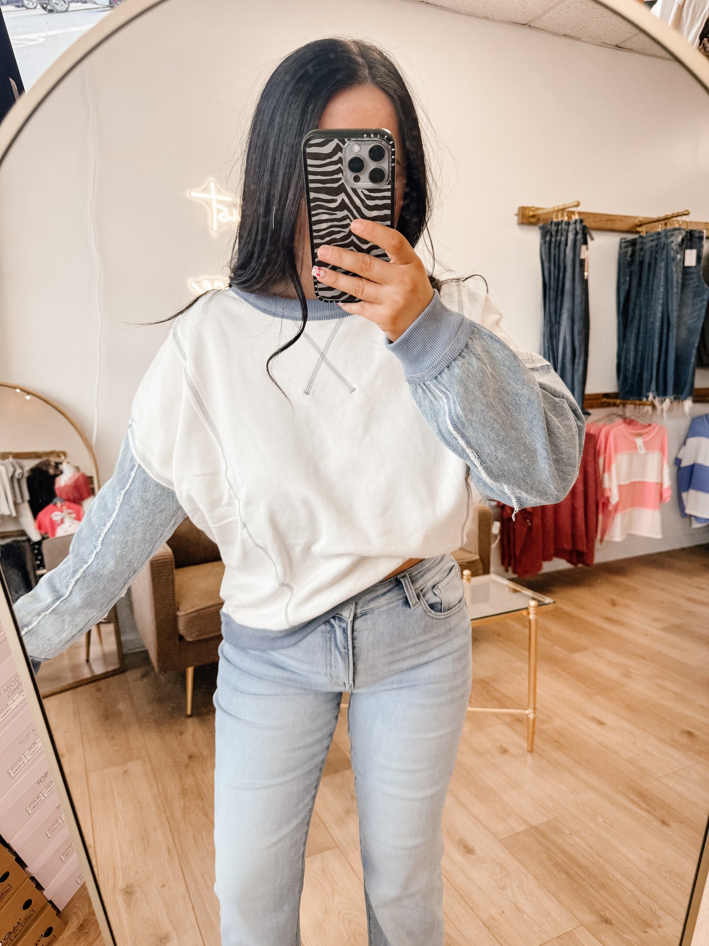 Mix Media Denim Sleeve Knit Top