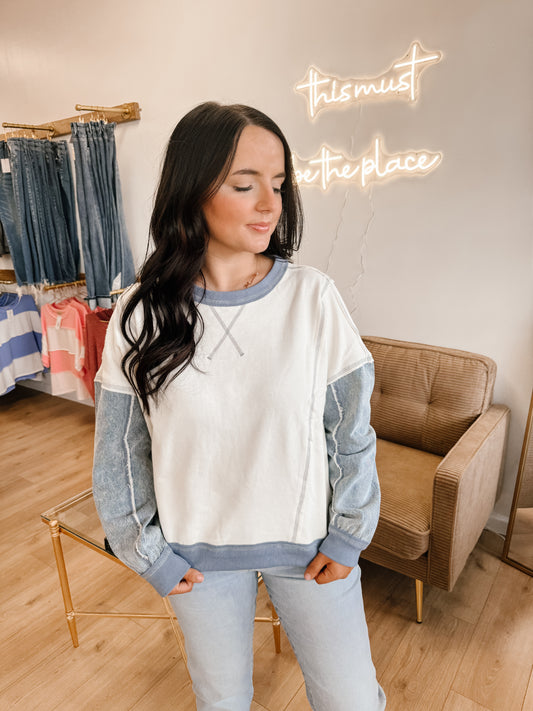 Mix Media Denim Sleeve Knit Top