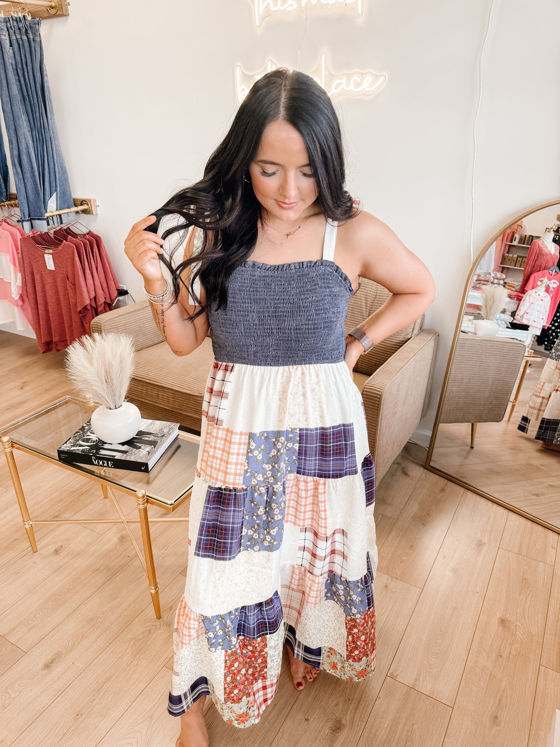 Smocked Denim Patchwork Detail Tiered Maxi Dress – Bre's Tees Smocked Denim Patchwork Detail Tiered Maxi Dress – Bre's Tees