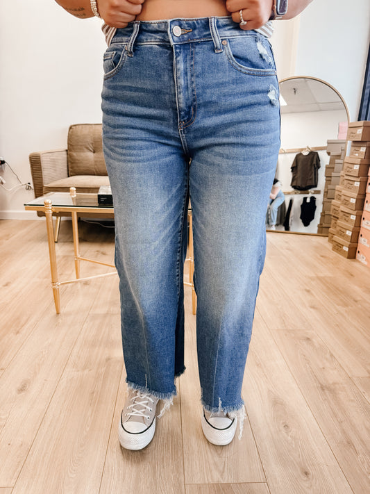 Mid Rise Straight Raw Hem Denim Pants - ZENANA