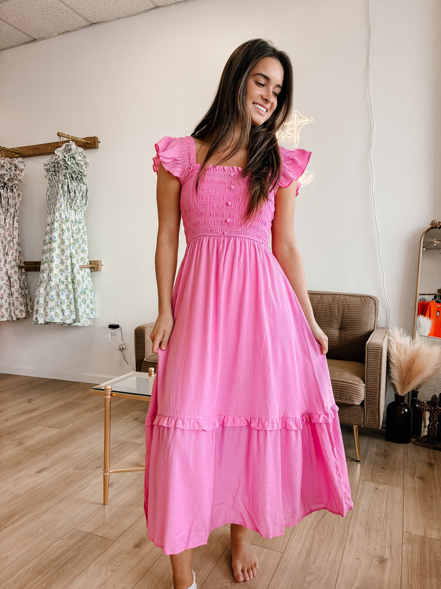 Mock Button Down Smocked Ruffle Detail Midi Dress