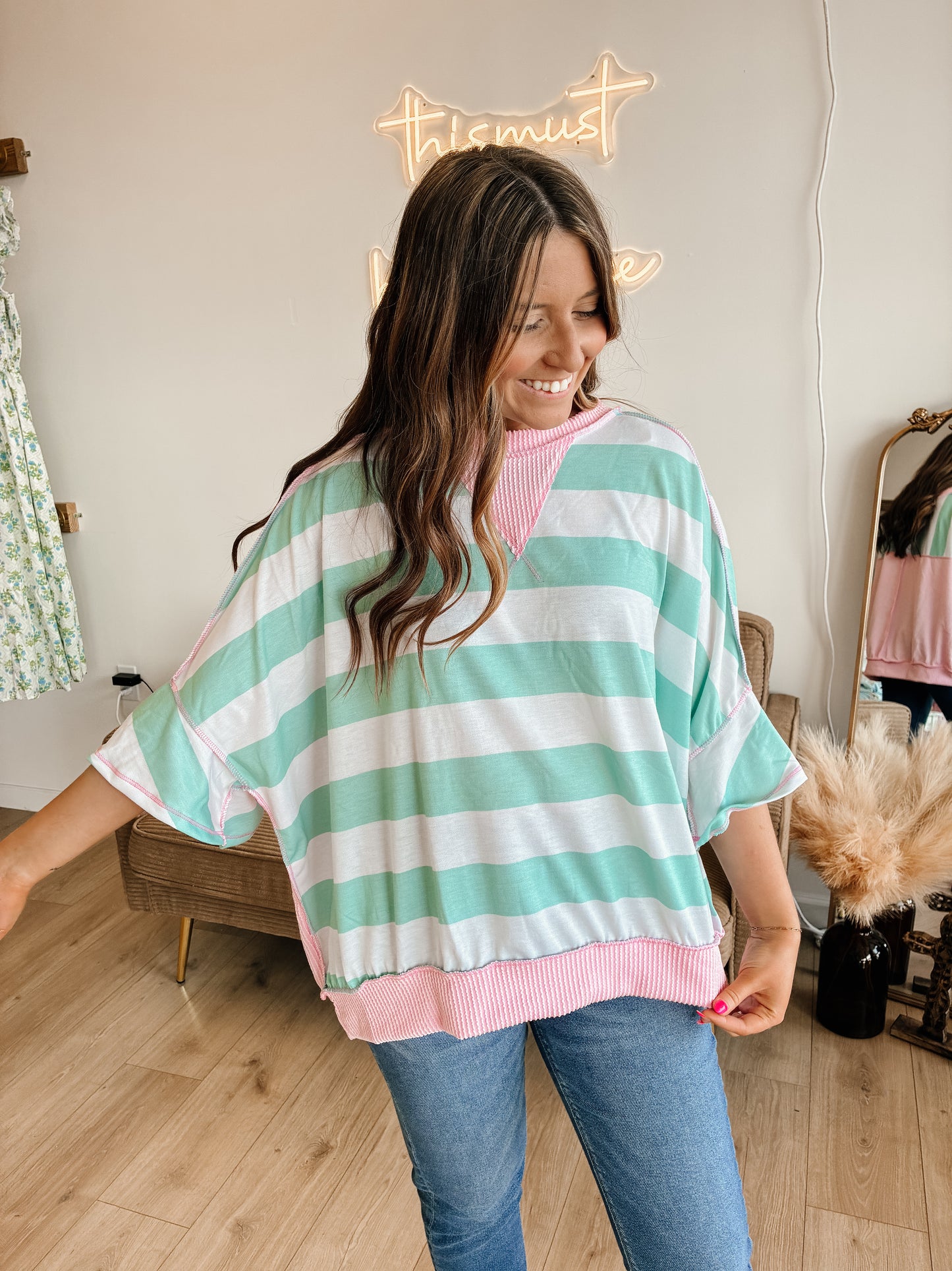 Flutter Elbow Sleeve Stripe French Terry Top