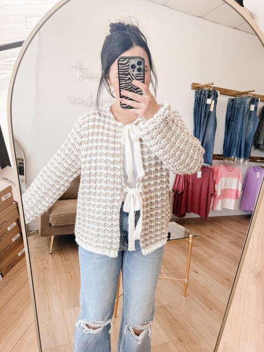 Lattice Charm Cozy Bow Knit Cardigan