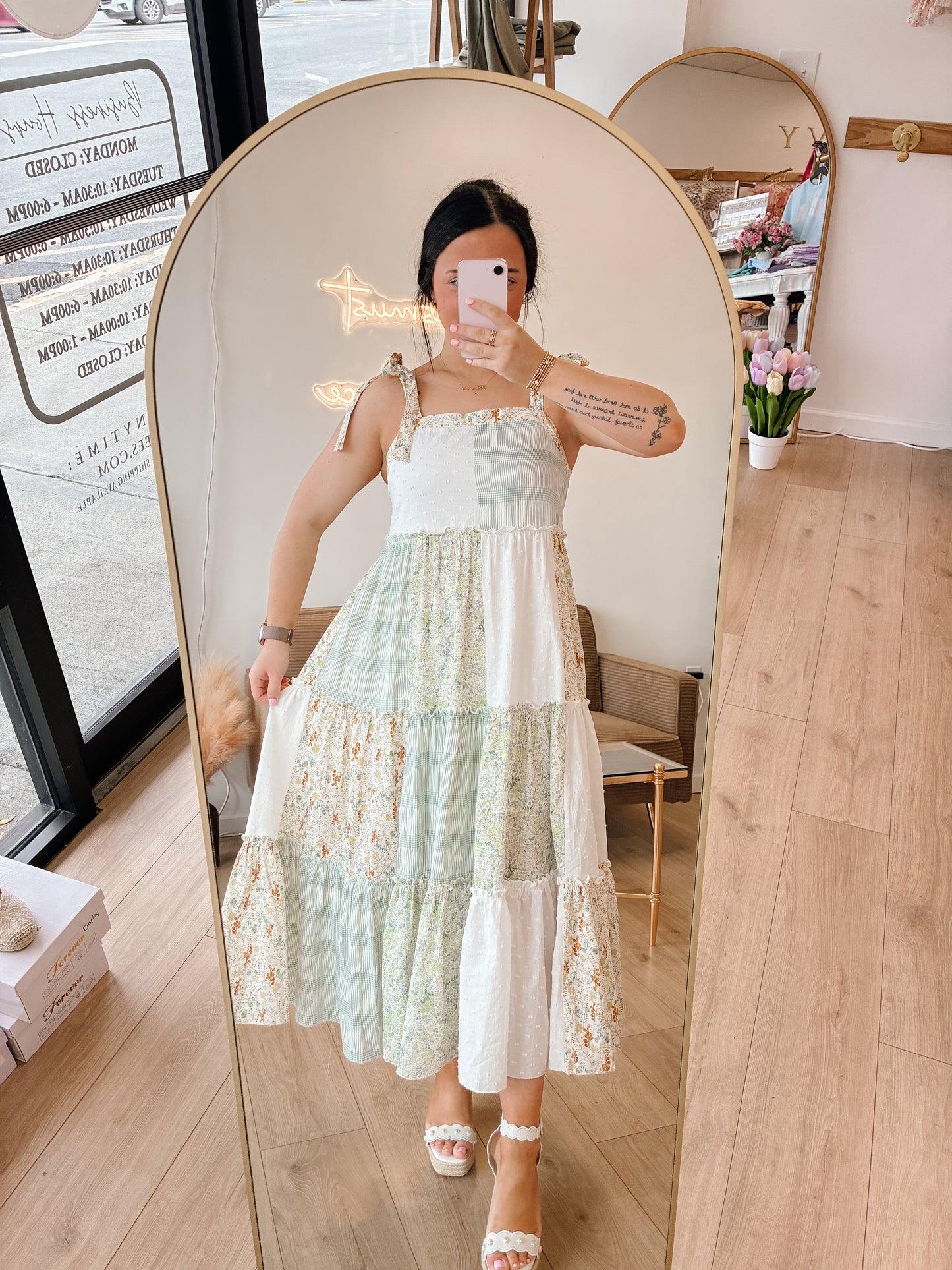 Patchwork Tie-Shoulder Tiered Maxi Dress