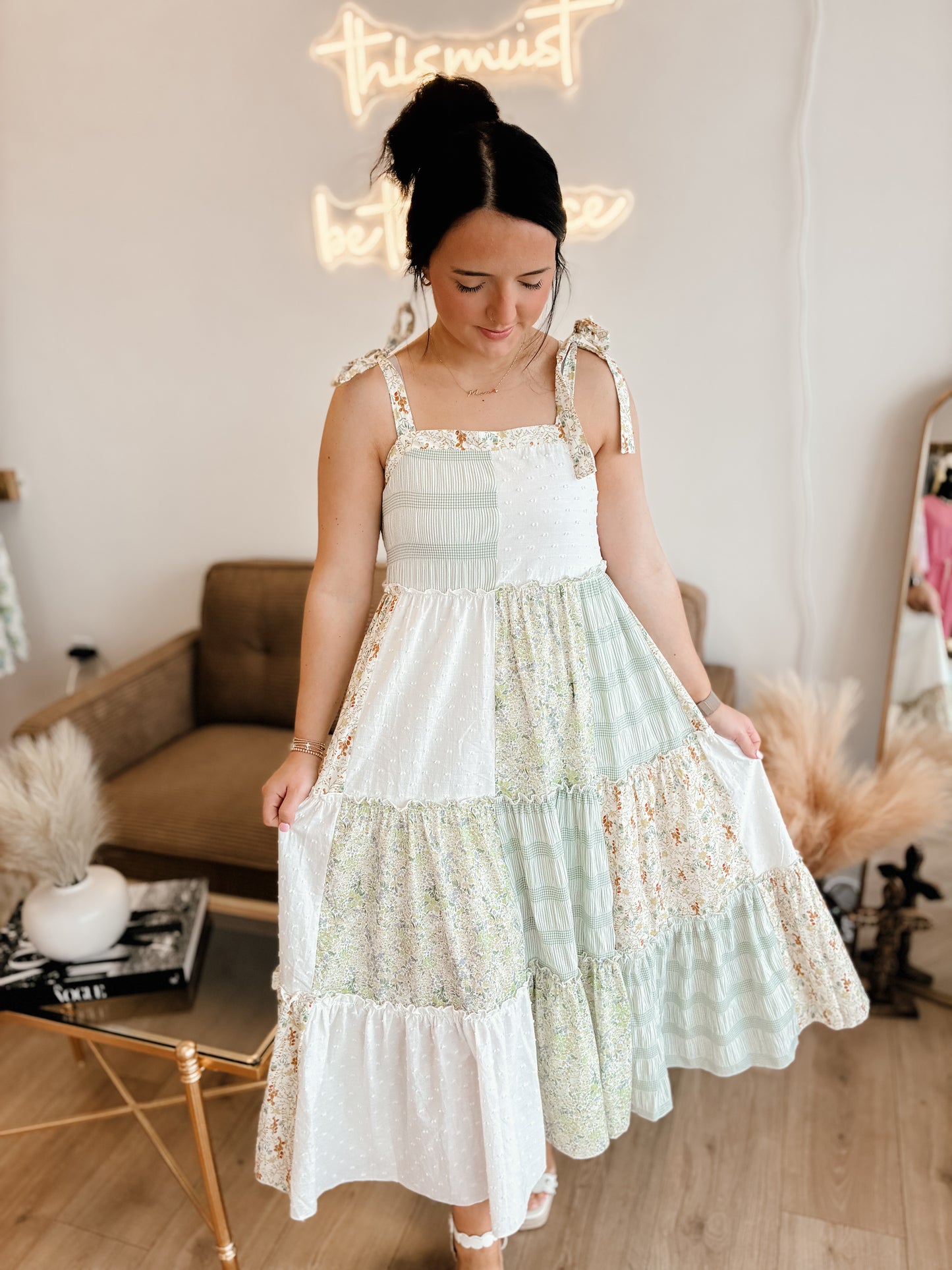 Patchwork Tie-Shoulder Tiered Maxi Dress