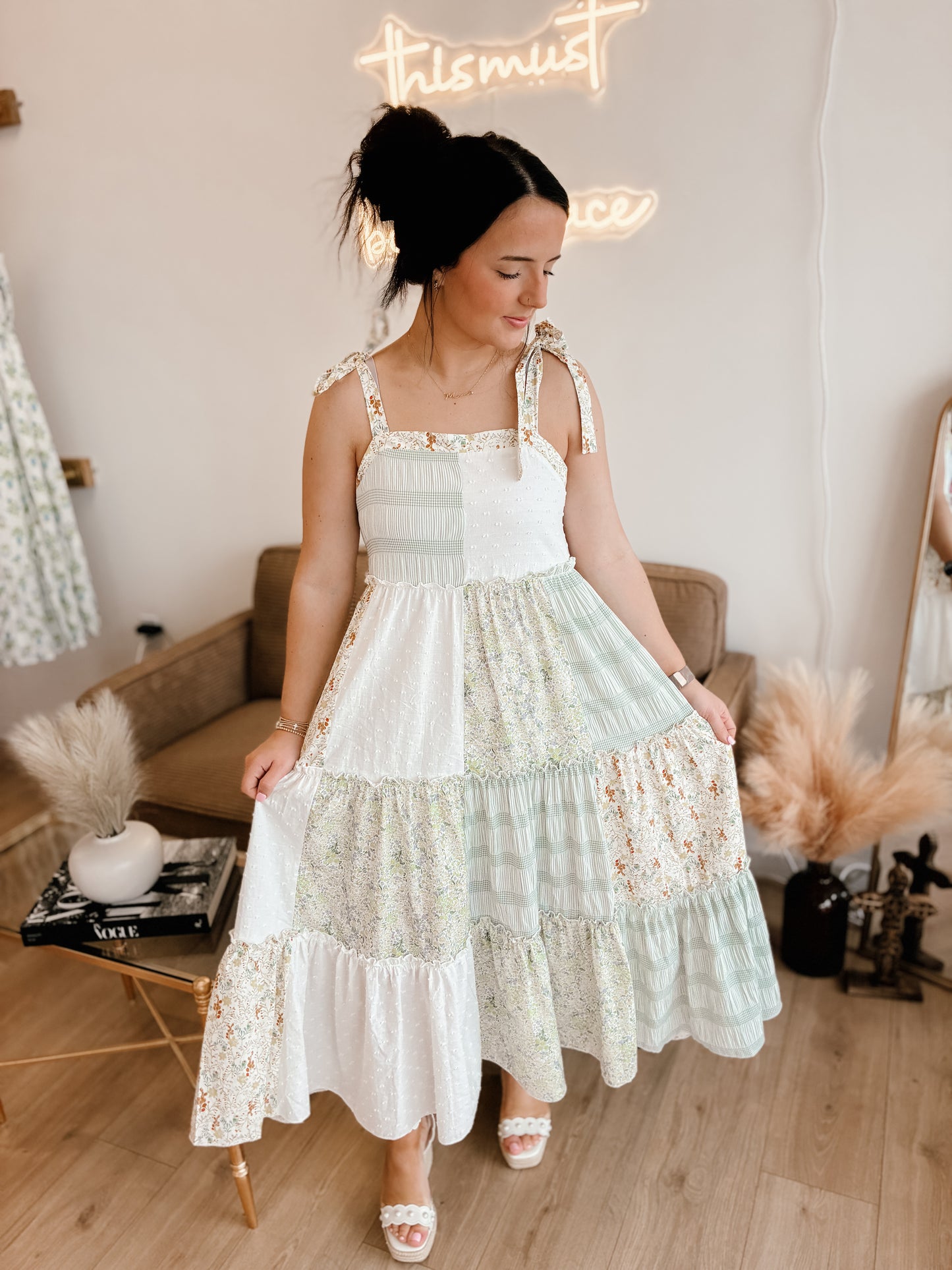 Patchwork Tie-Shoulder Tiered Maxi Dress