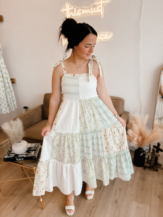 Patchwork Tie-Shoulder Tiered Maxi Dress