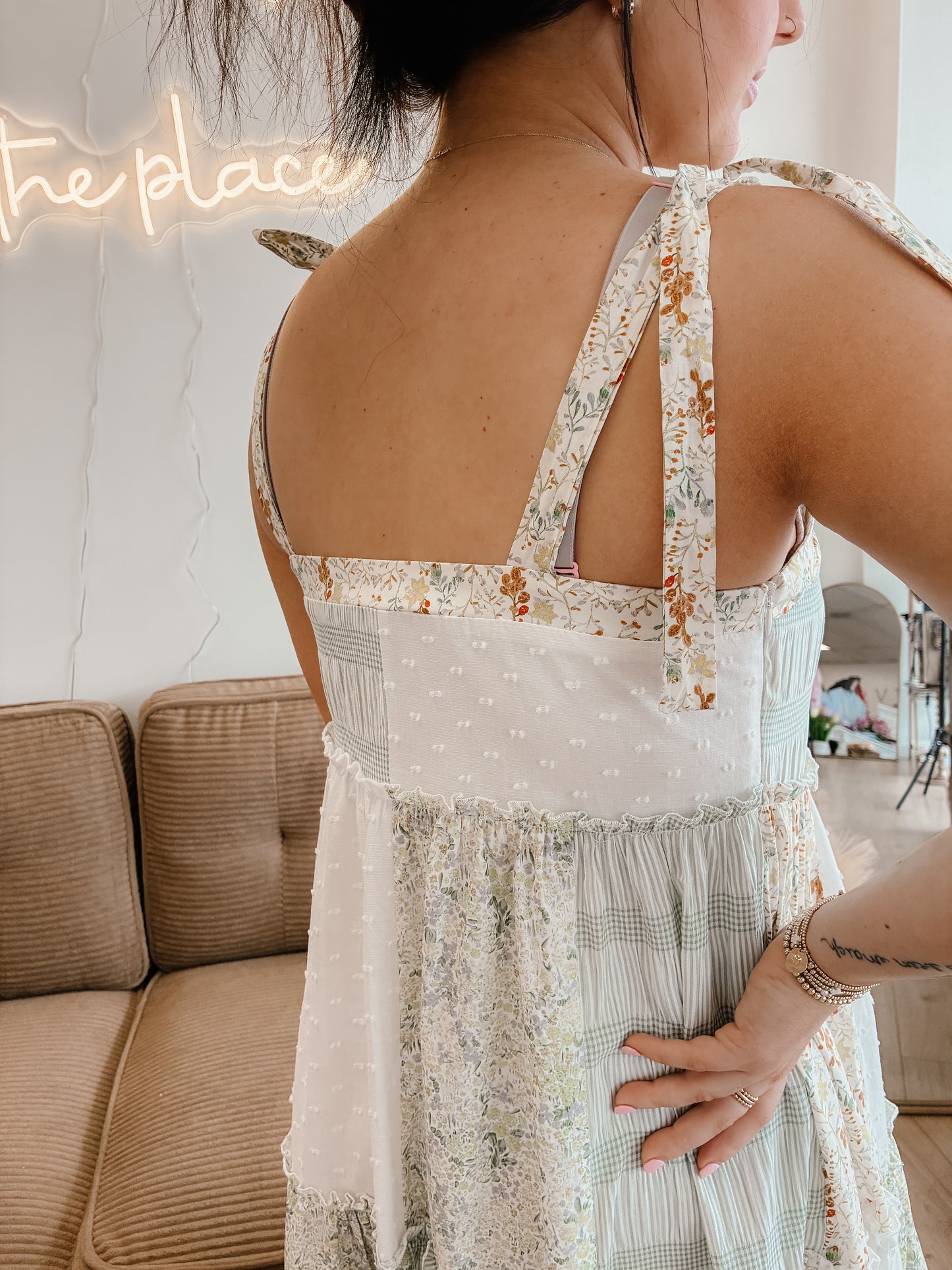 Patchwork Tie-Shoulder Tiered Maxi Dress