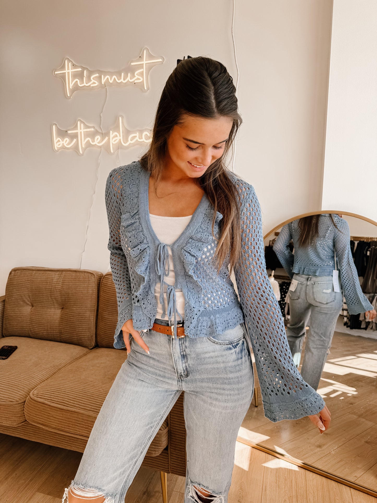 Ruffle Tie-front Crochet Knit Top