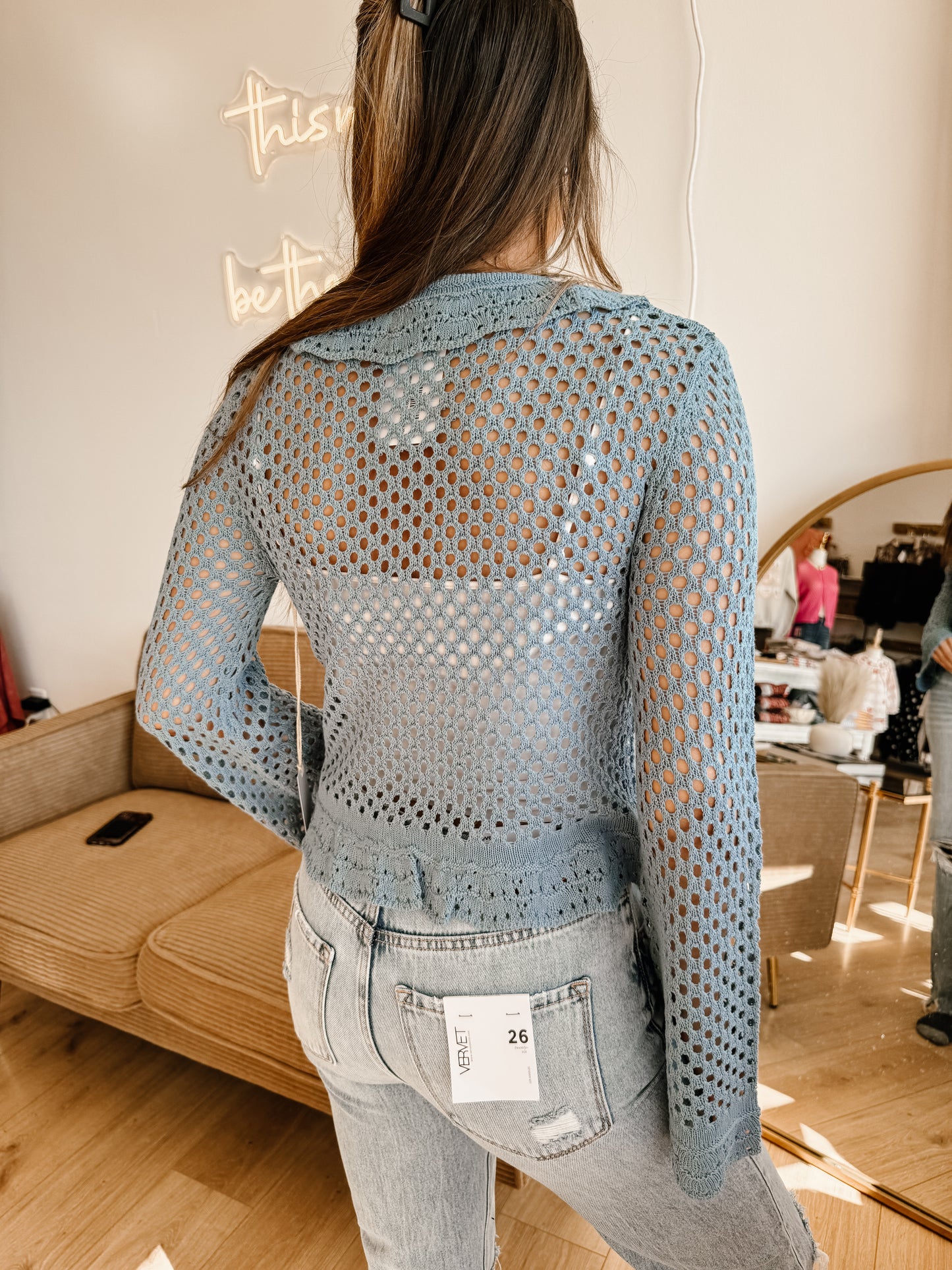 Ruffle Tie-front Crochet Knit Top