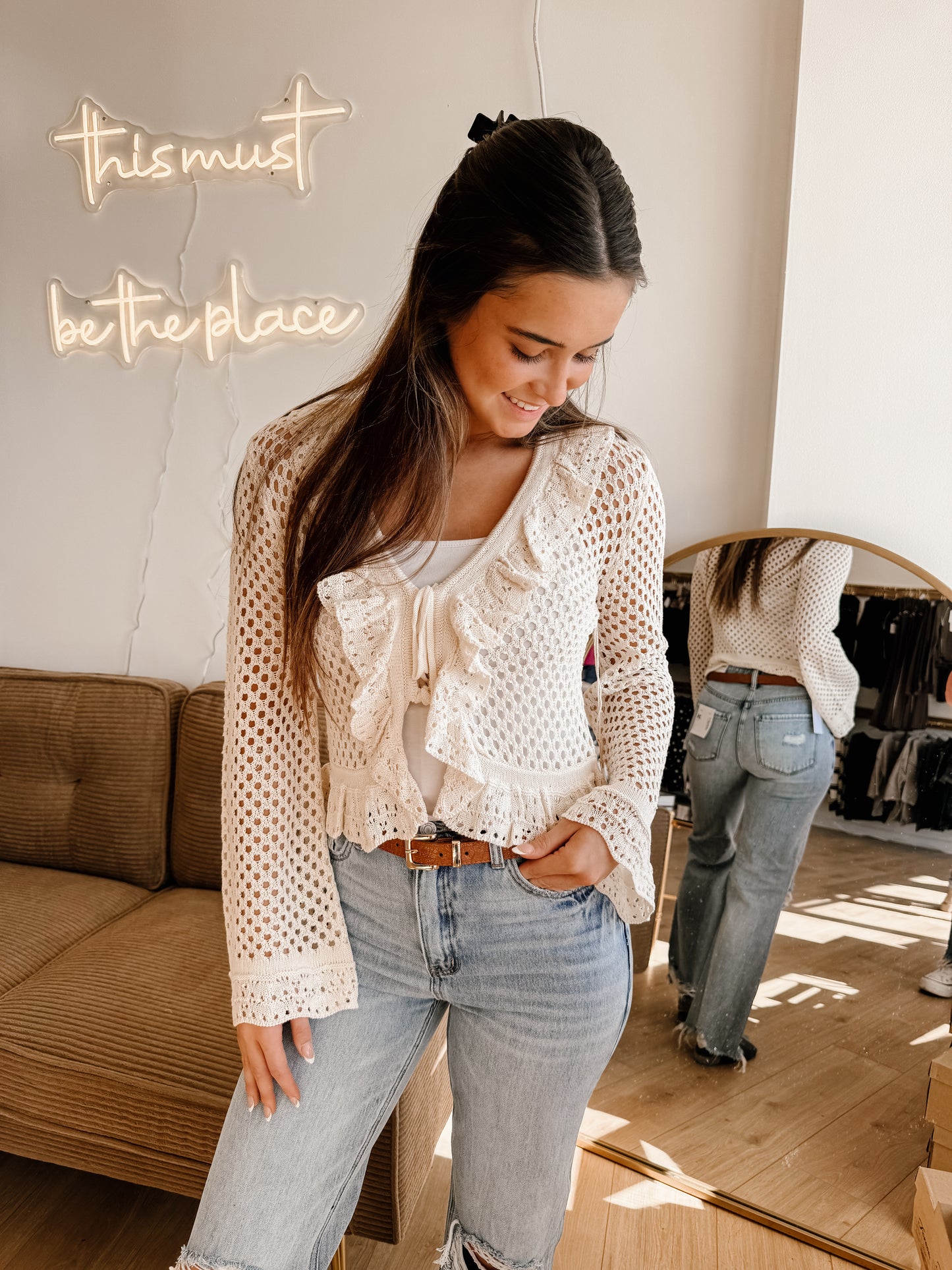 Ruffle Tie-front Crochet Knit Top