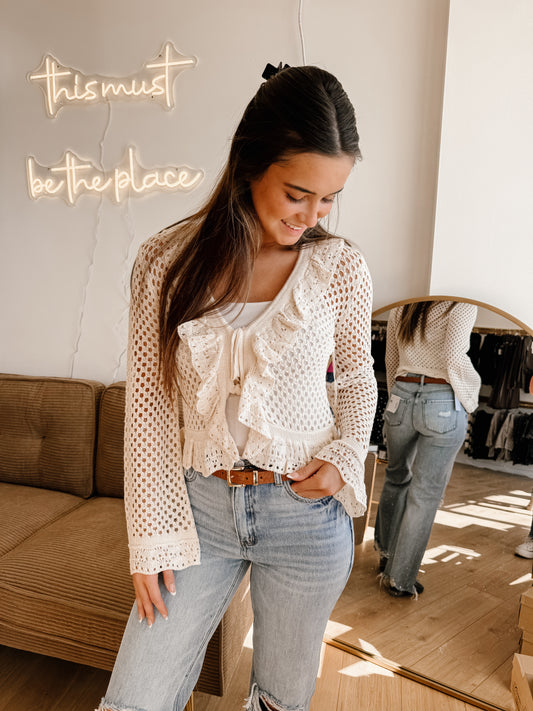 Ruffle Tie-front Crochet Knit Top