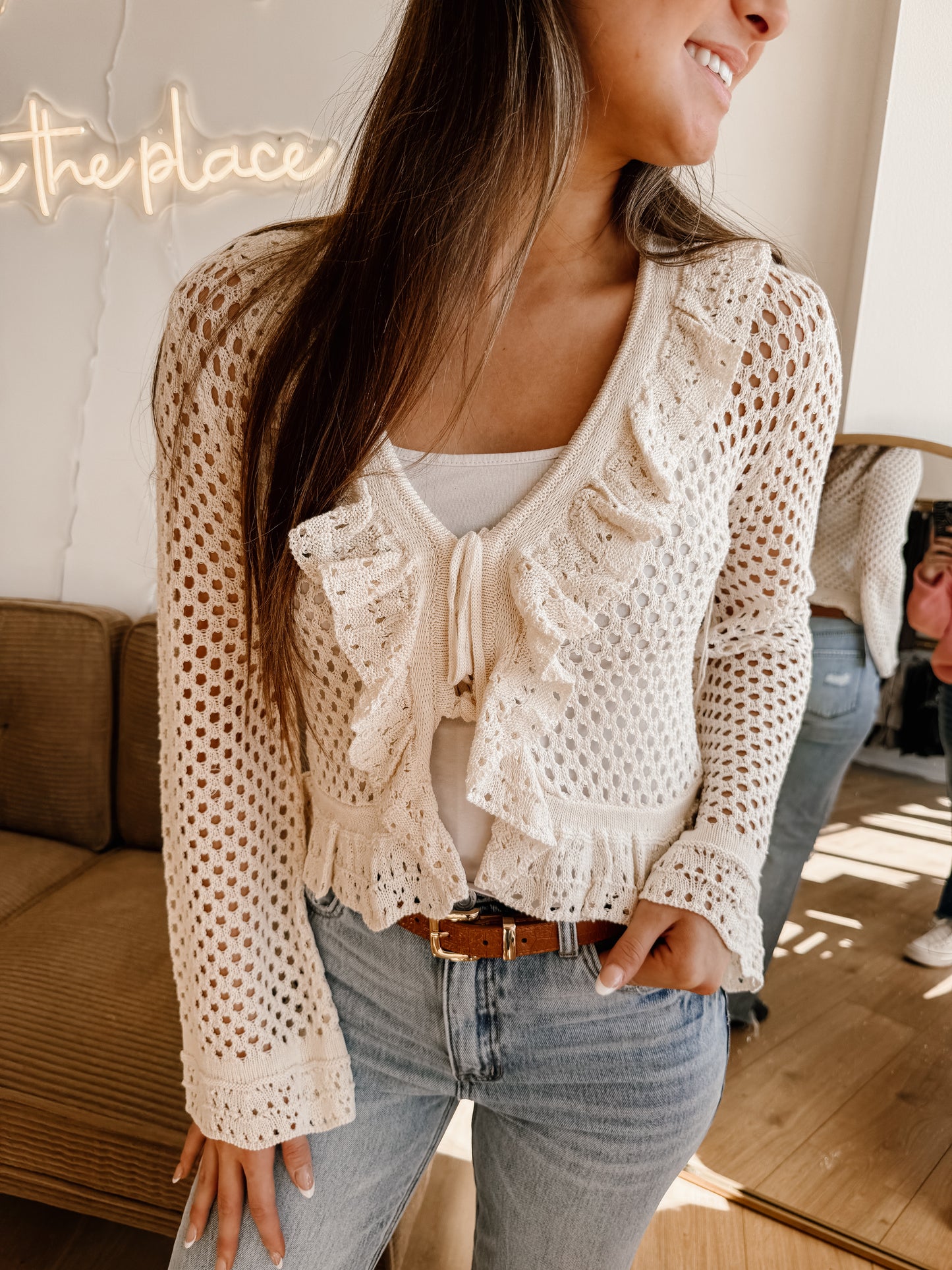 Ruffle Tie-front Crochet Knit Top