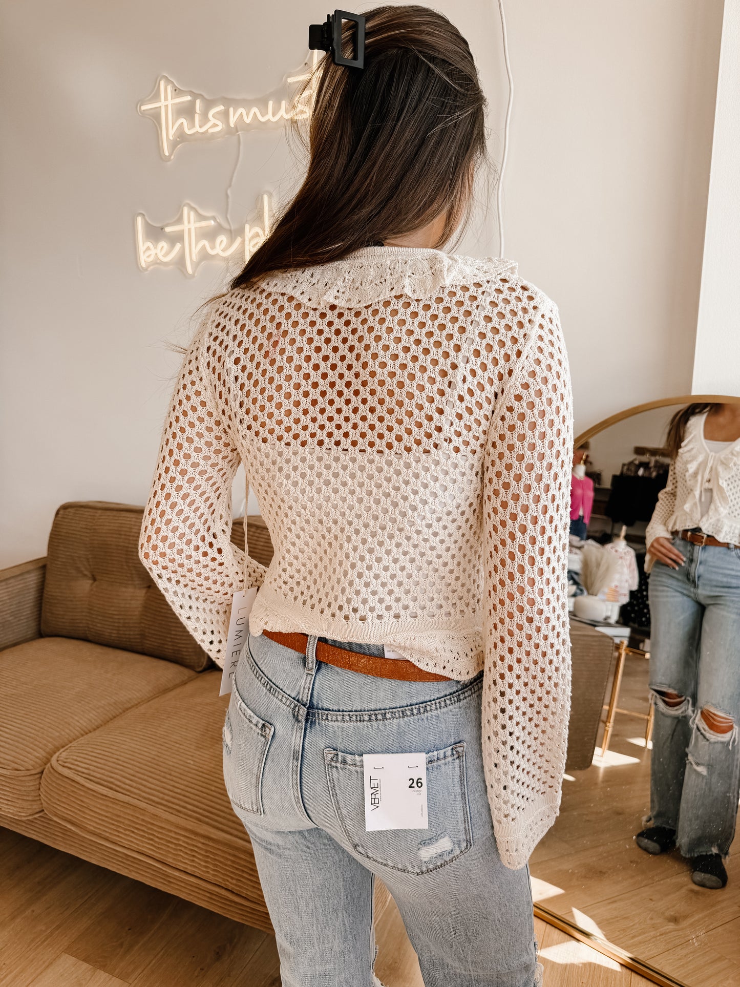 Ruffle Tie-front Crochet Knit Top