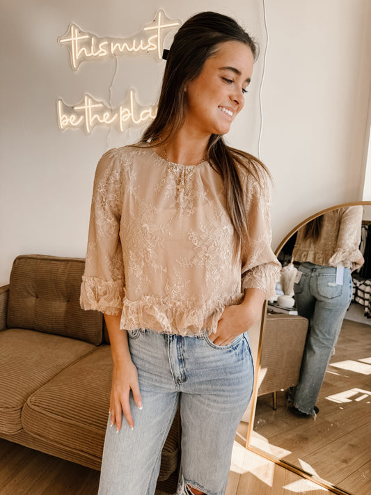 Sheer Lace Ruffle Hem Blouse