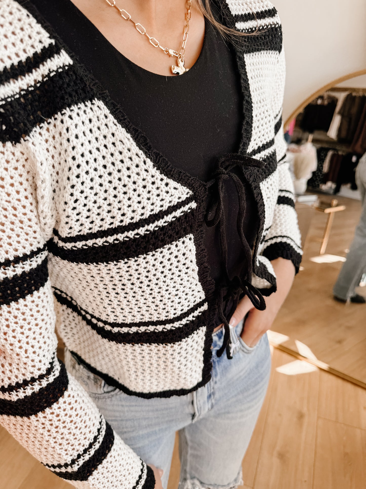 Striped Tie-front Crochet Cardigan