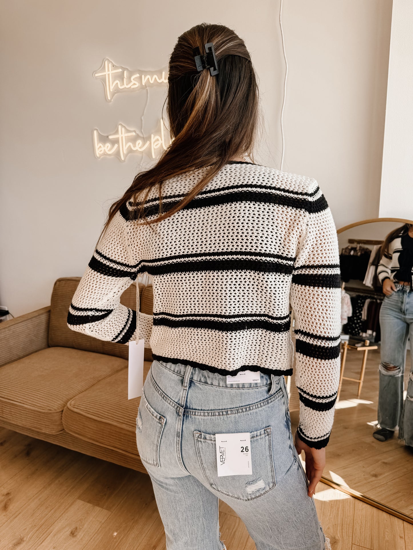 Striped Tie-front Crochet Cardigan