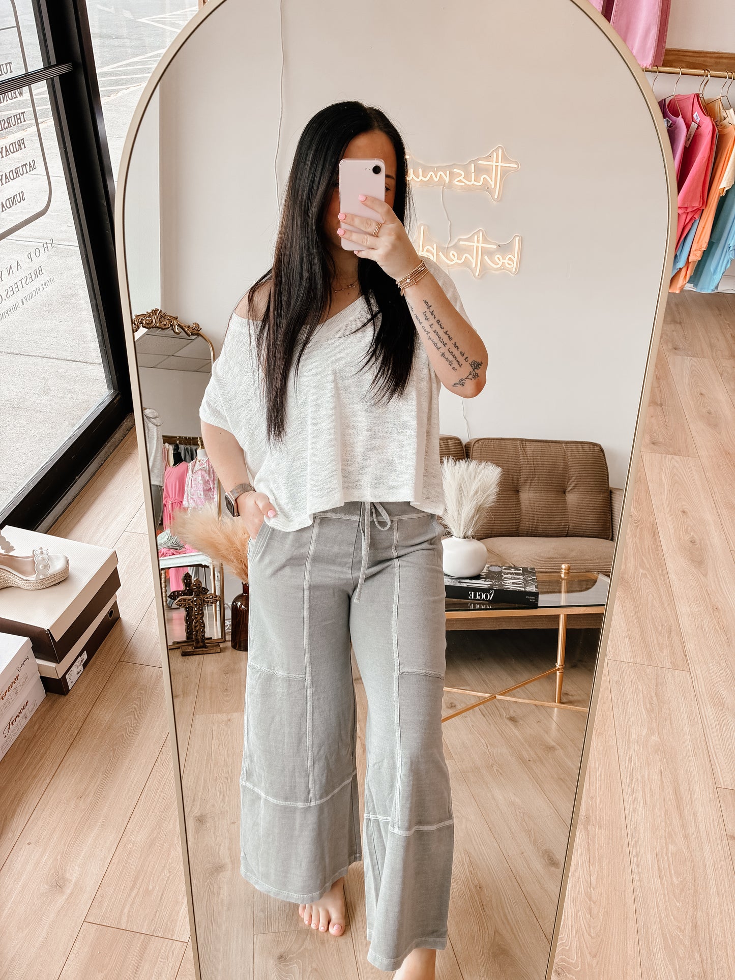 French Terry Washed Exposed-seam Wide Leg Pants