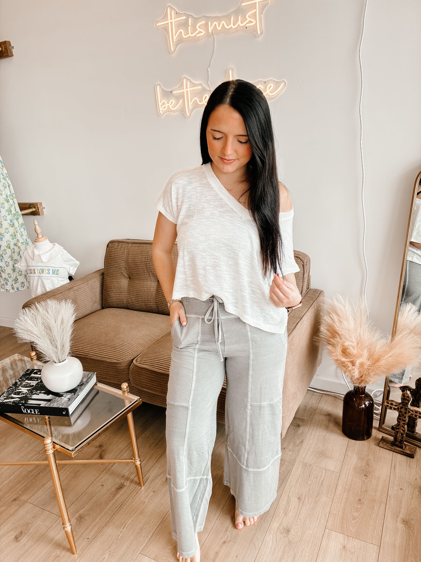 French Terry Washed Exposed-seam Wide Leg Pants