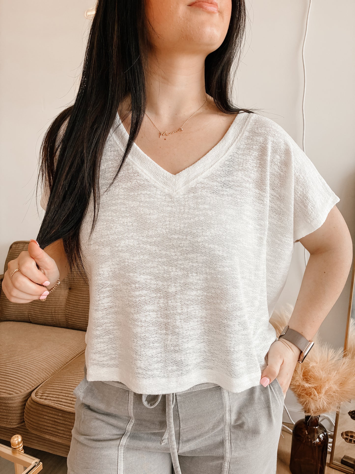 Hacci Slub V-neck Drop Shoulder Crop Top